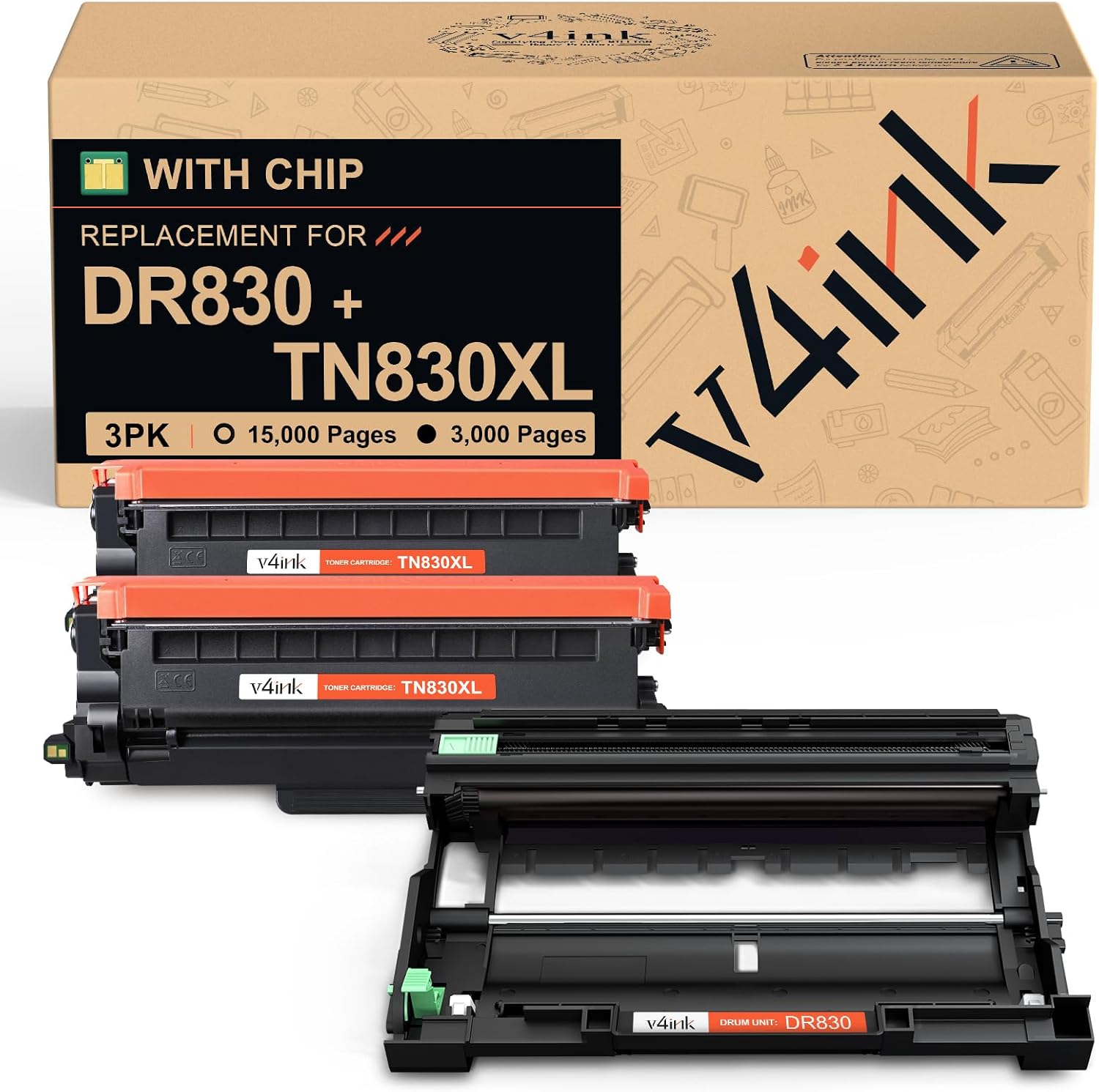 v4ink 3pk Compatible TN830XL DR830 Replacement for Brother TN830 TN830XL Toner Cartridge DR830 Drum Combo Set for Brother DCP-L2640DW HL-L2400D HL-L2405W HL-L2460DW HL-L2480DW MFC-L2820DW Printer