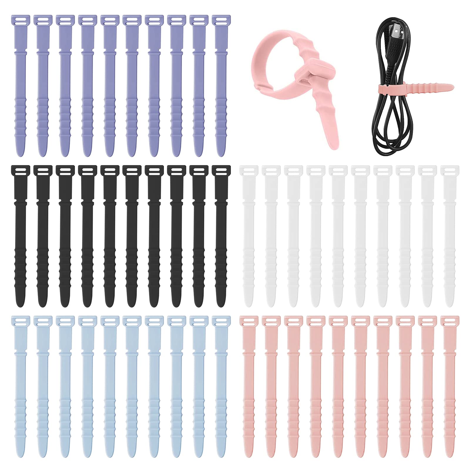 50 fascette in silicone riutilizzabili, fascette stringicavo in gomma per cavi, organizer per casa, ufficio, tavolo, scrivania. Fascette da 11,4 cm in bianco, nero, rosa, viola e blu