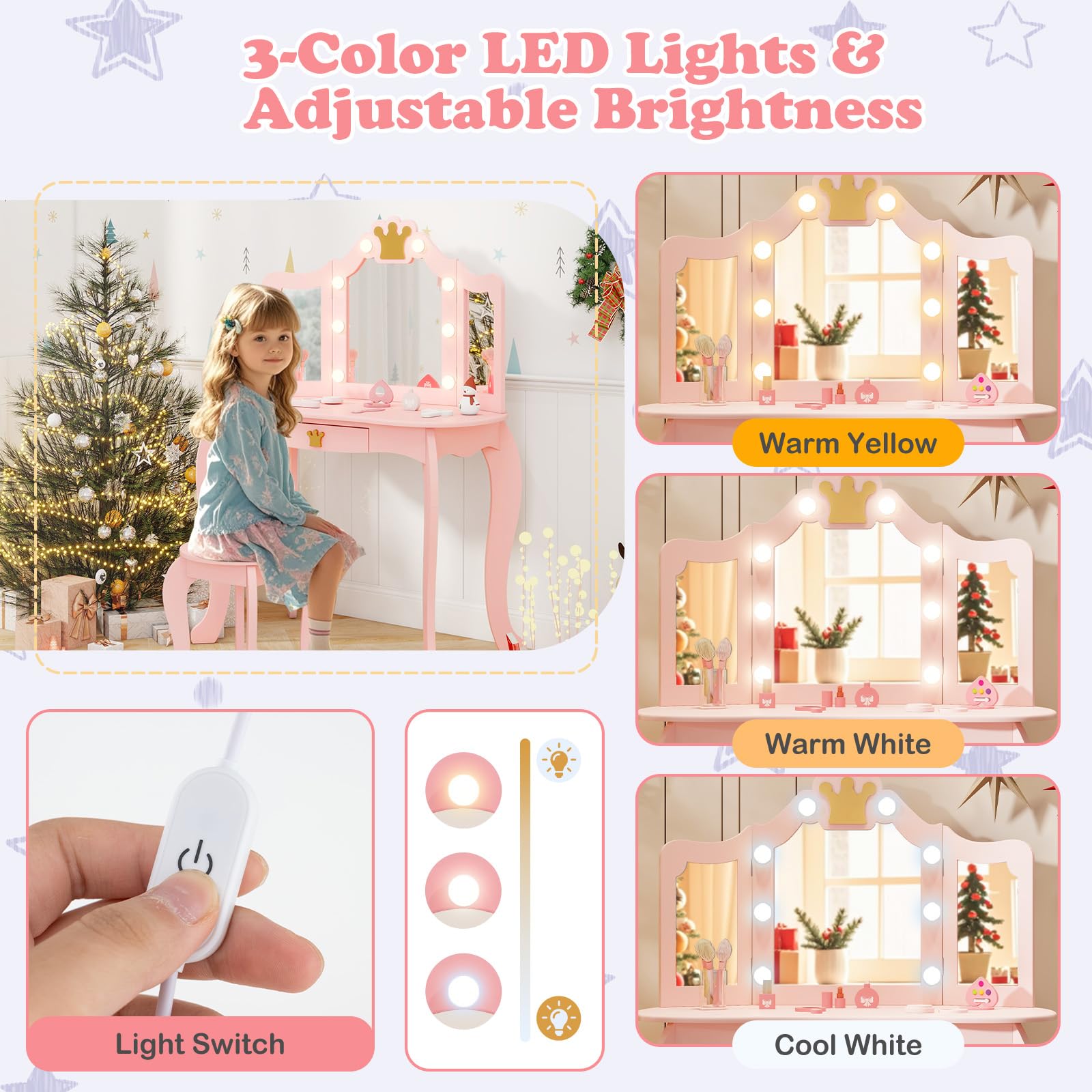 LIFEZEAL Kinderschminktisch Set, Schminktisch mit Hocker für Mädchen, Mädchenschminktisch mit LED-Licht, Tisch und Stuhl-Set mit Klappspiegel (Rosa)