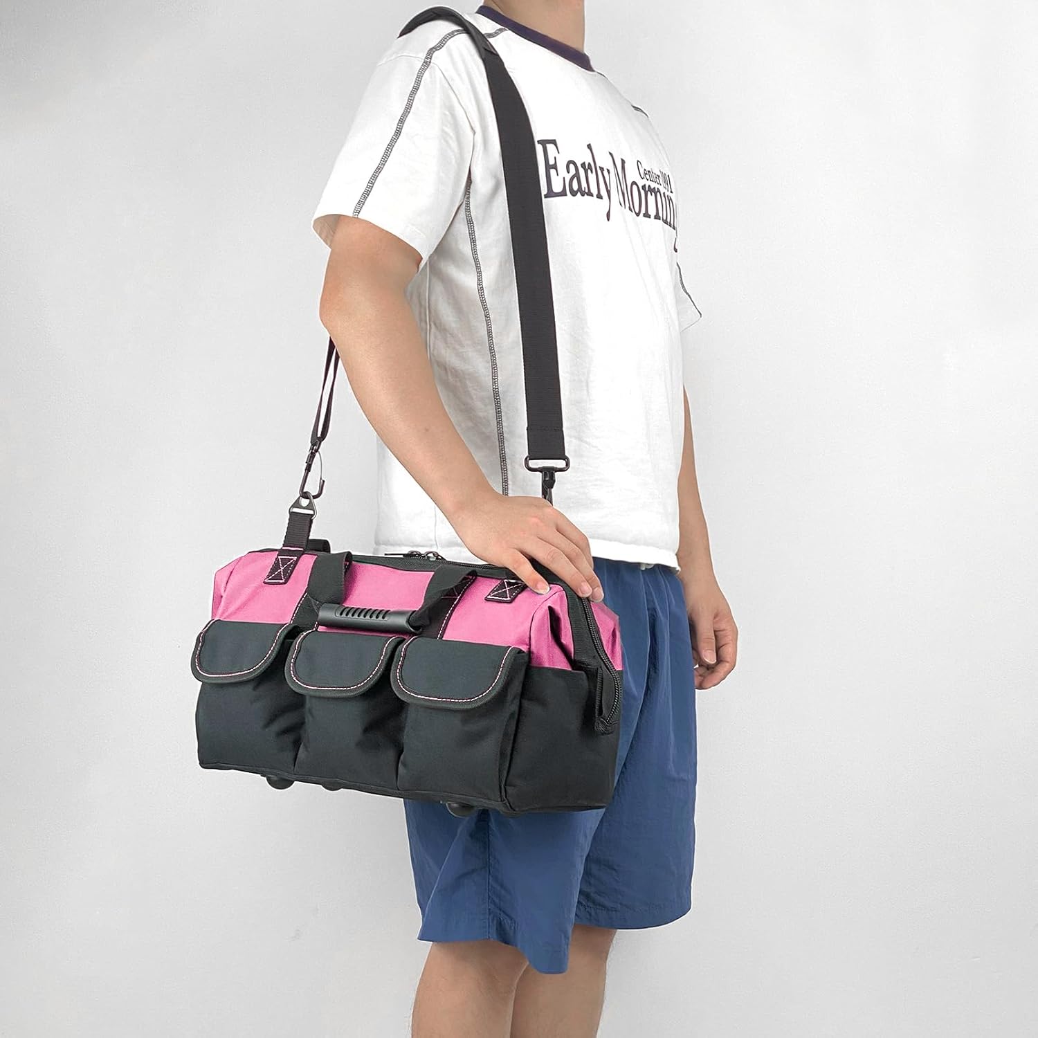 16-inch for women purple tool box Non-slip feet adjustable shoulder strap 14 functional insert pockets,large capacity Men's heavy-duty toolbox,for electricians, carpentry,gardening (Pink) - Image 7