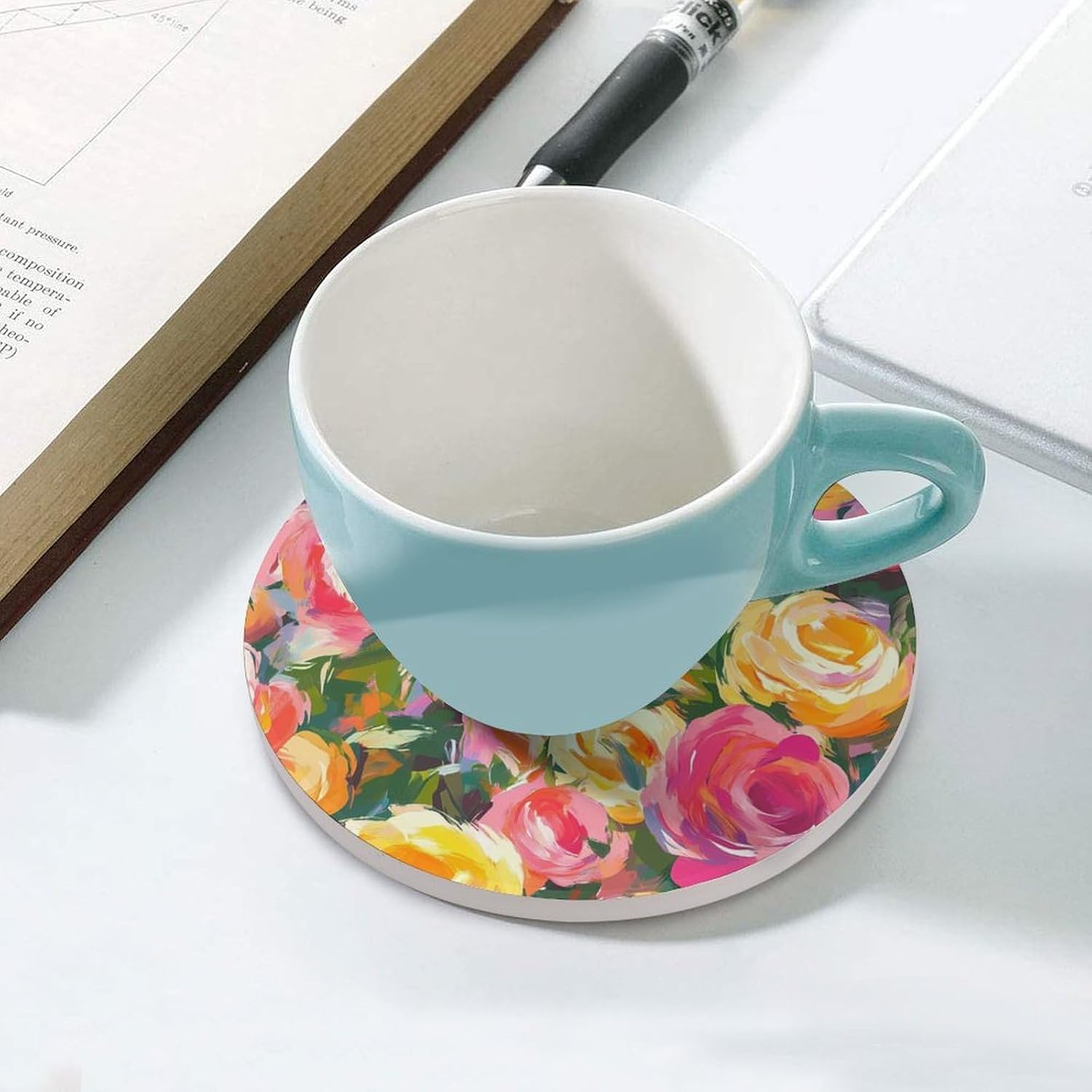 Watercolor Rose Pattern Funny Round Ceramic Coasters for Drink Absorbent Cup Holders Tabletop Protection