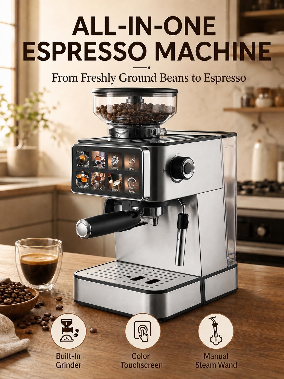 Cafetera semiautomática con Molinillo y vaporizador | El café recién molido cae directamente en el portafiltro para preparar espresso, Americano y bebidas con leche en casa