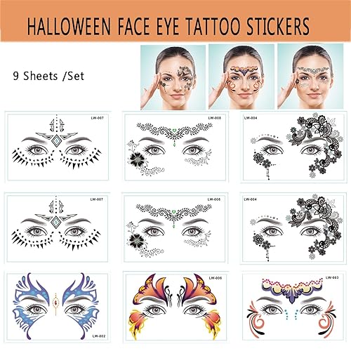 Miniatura 6 de Paquete de 9 calcomanías de maquillaje facial de ojos, impermeables, de encaje negro, tatuaje temporal para mujeres y niñas, Halloween, Navidad,