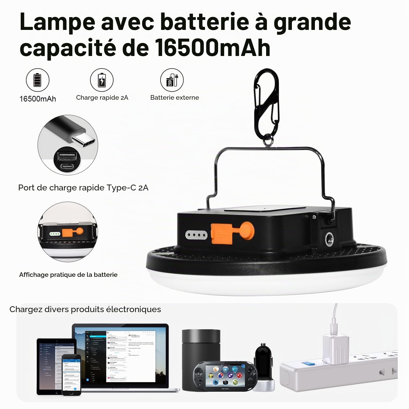 Lampe LED Rechargeable, 16500 mAh Power Bank, Lampe Camping USB 3000LM , Lampe Camping avec télécommande aimant et port d'écrou 1/4, pour Tente, Camping, Ouragan, Randonnée, Urgence, Panne