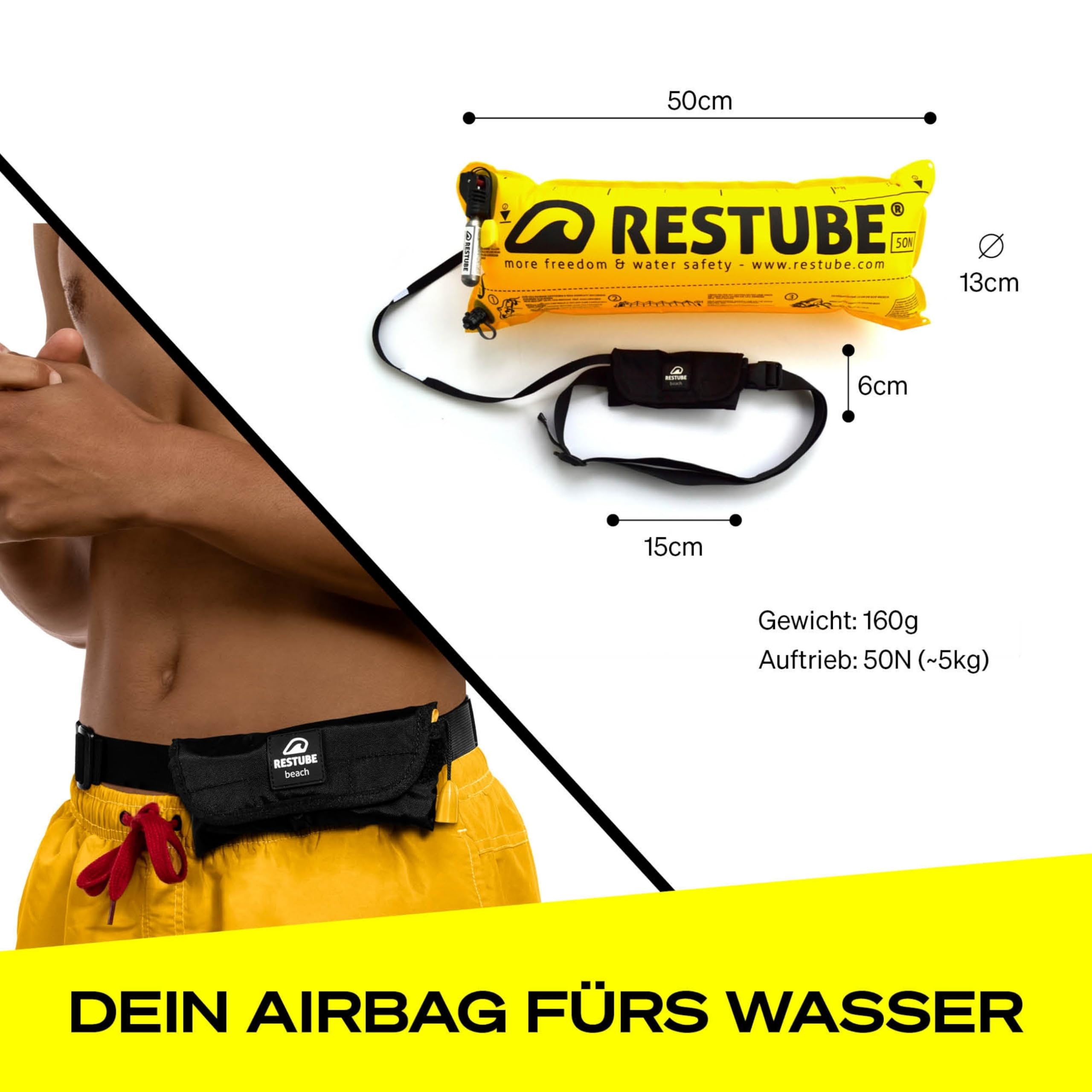 RESTUBE Beach CO2 Schwimmboje - Für EIN sicheres Gefühl im Wasser - auslösbare Rettungsboje - Schwimmboje für Erwachsene und Kinder ab 10 Jahre - Boje für SUP, Schwimmen, Schnorcheln & Schwimmhilfe