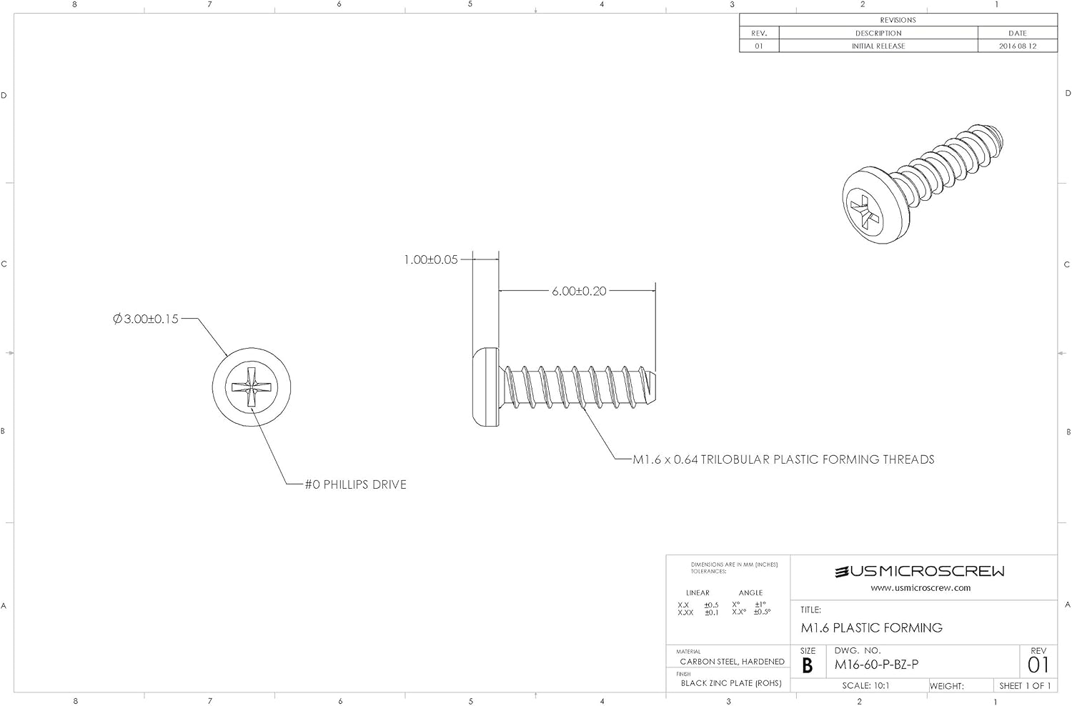 M1.6 X 6mm Plastic Thread Forming Screw Black Zinc Plated Steel Pan Head Phillips Drive (100 Pcs) - M16-60-P-BZ-P
