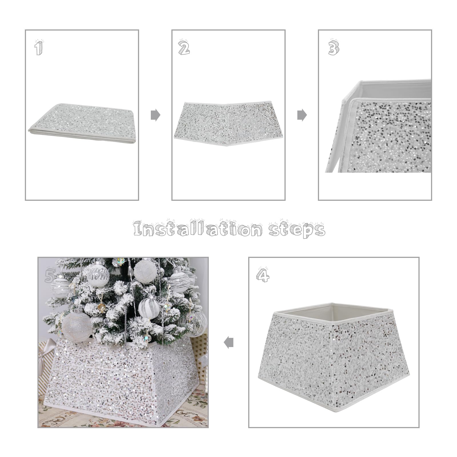 Transforma tu árbol de Navidad con la falda de árbol de lentejuelas brillantes de Sunshine – Tamaño pequeño de 24 pulgadas, collar de árbol de Navidad para decoración del hogar (blanco)