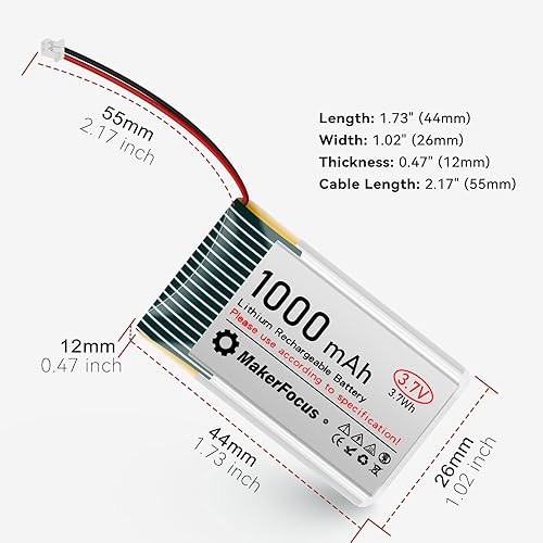 Miniatura 8 de 2pcs 3.7V 1000mAh batería de polímero de litio 1S 1C batería recargable con placa de protección, cinta de goma aislada y micro JST 1.25 enchufe para