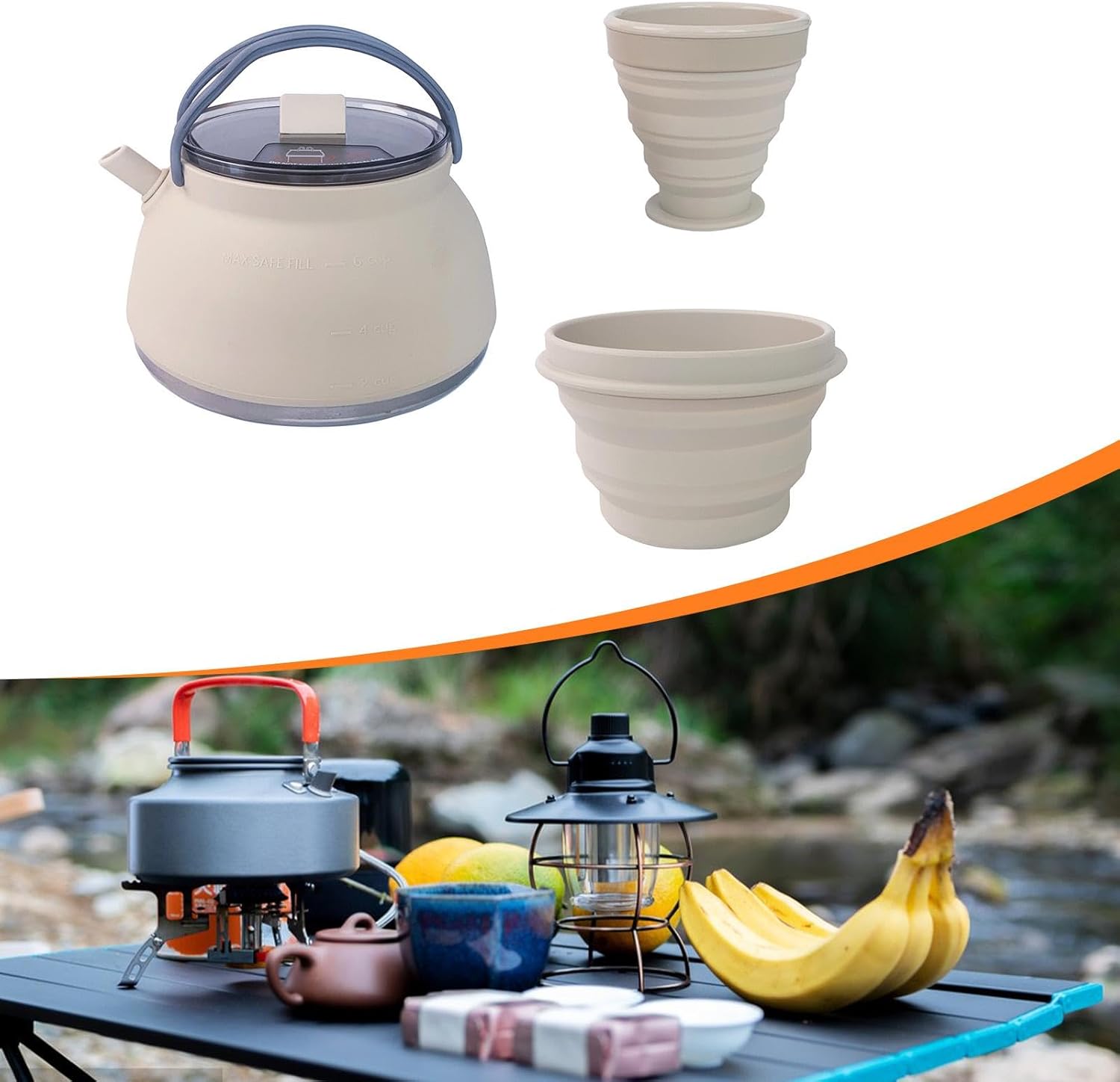 キャンプケトル 折りたたみ機能 シリコンハンドル ステンレス製 軽量設計 耐熱性 多用途 携帯性 屋外活動に適用 18.2cmx10