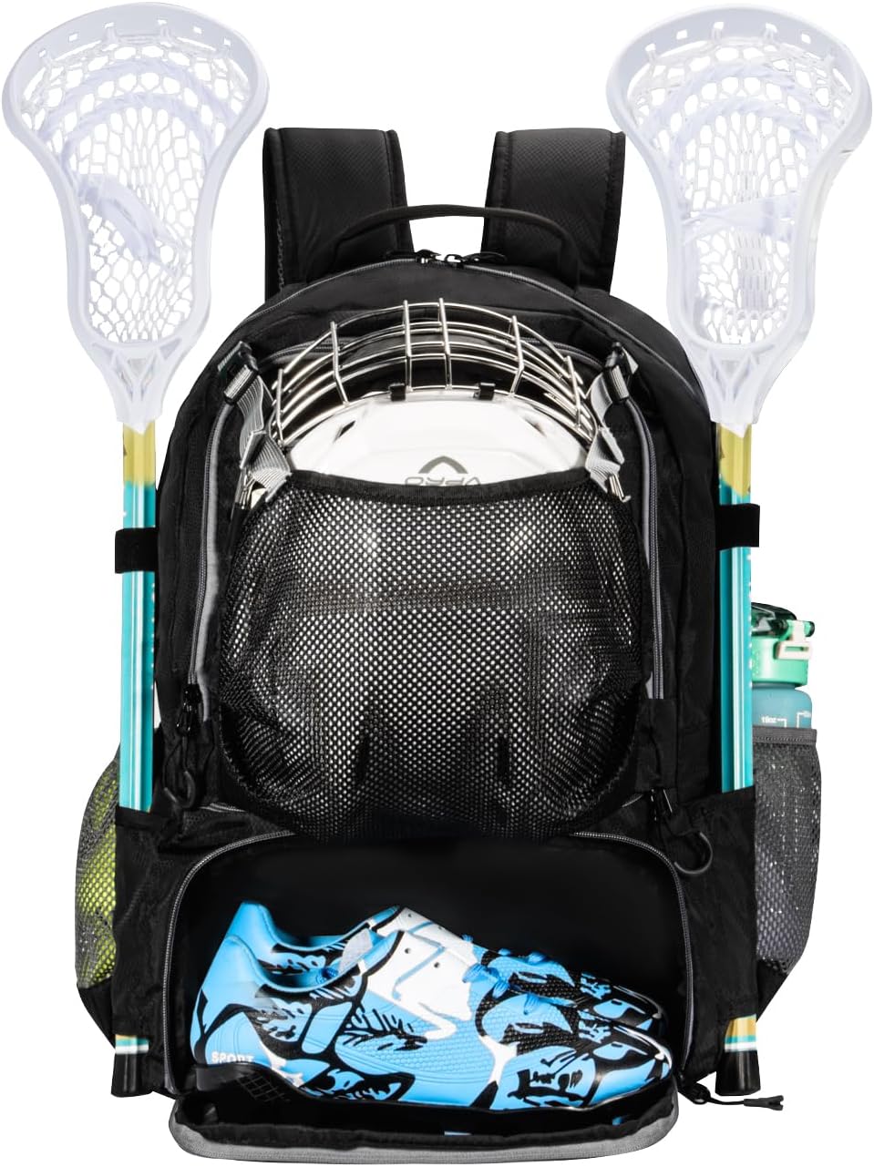 Lacrosse Bag, Lacrosse backpack with Stick Holder & Hidden Zipper Net - Features Separate Ventilated Shoe Compartment and Ample Storage for Helmets, Gloves, and Accessories - Fits Up to Size 13 Shoes