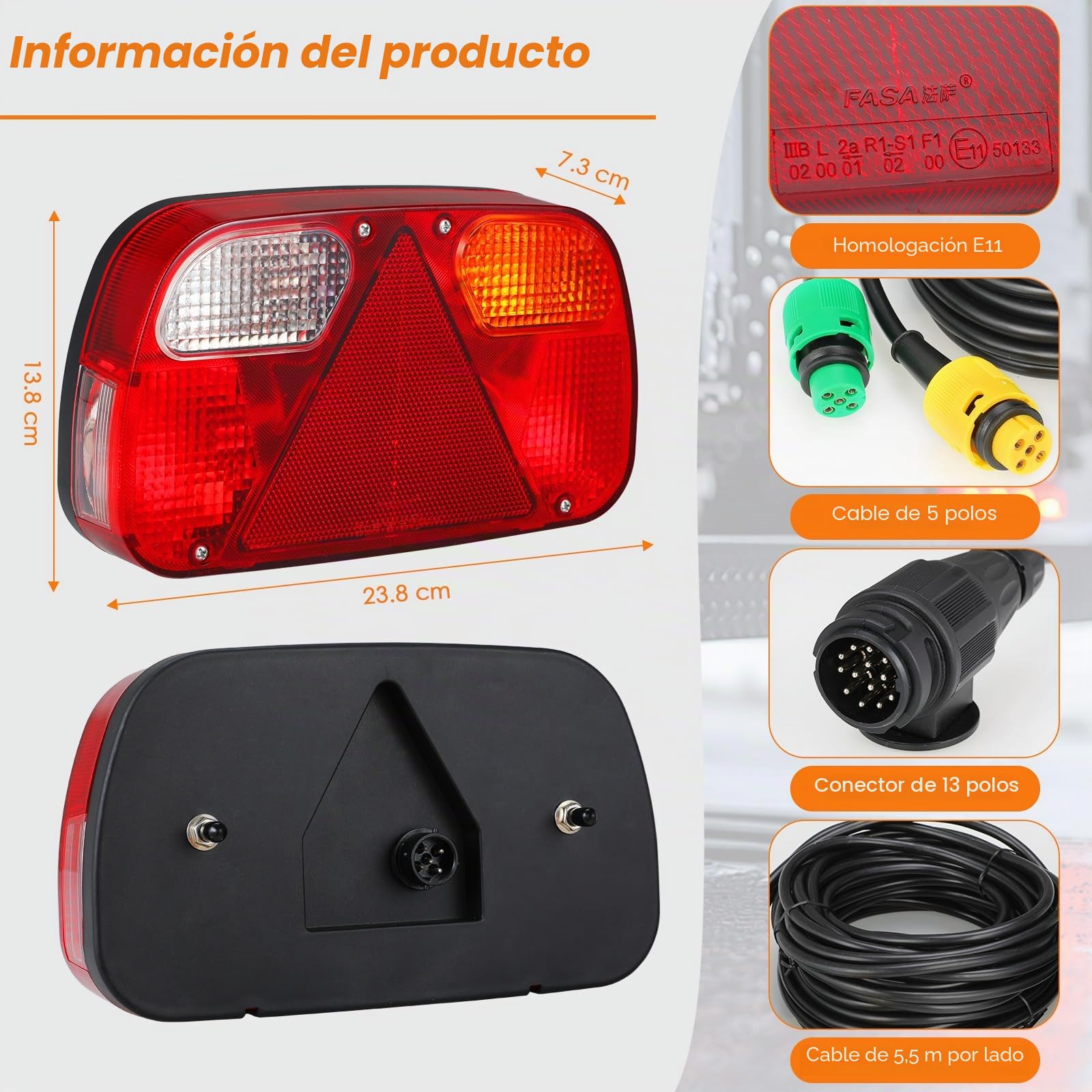 TLGREEN Juego de luces traseras para remolque iluminación de 13 pines 12V | luces traseras 7 funciones juego de 2 cables de 5,5 m, homologación E para coches camiones barcos caravanas y furgonetas