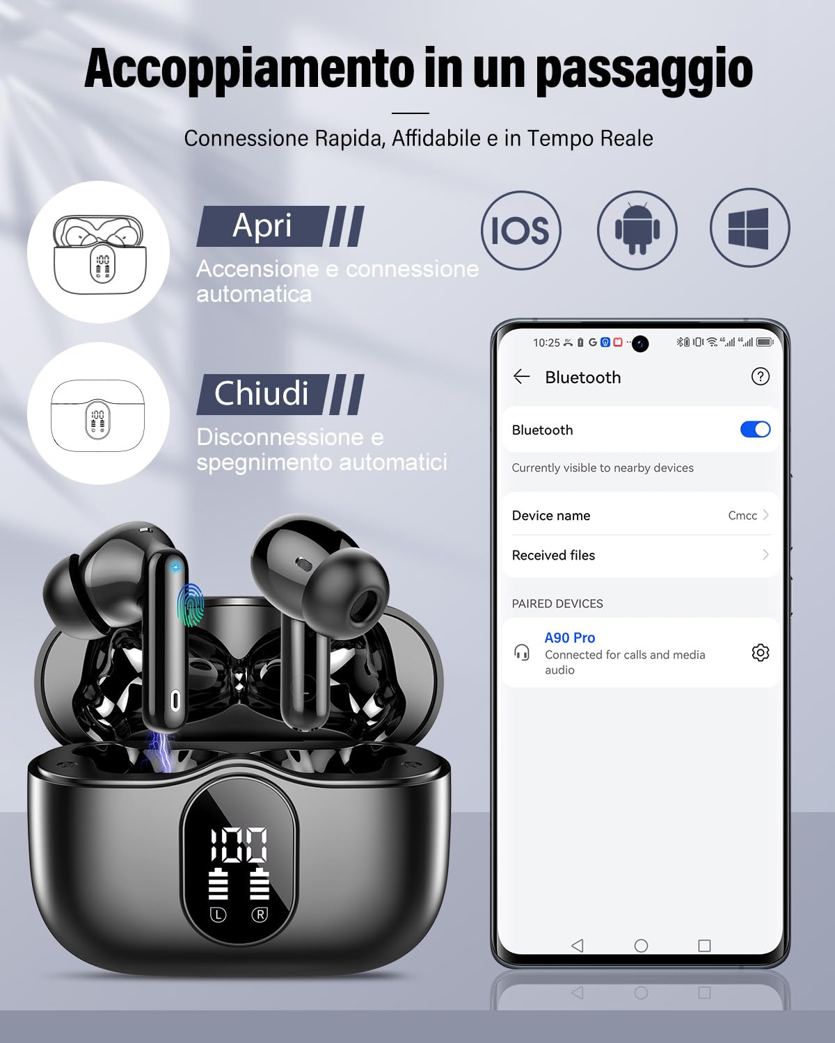Btootos Cuffie Bluetooth 5.4 con 4 Mic In Ear HiFi Stereo, 36Ore LED Display IP7 Impermeabili, Touch Control Nero
