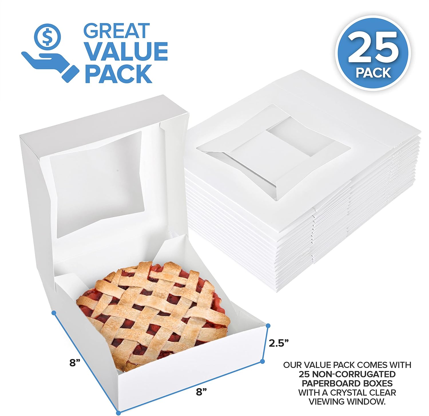 Stock Your Home 8 x 8 x 2.5 Inch White Cake Box with Viewing Window (25 Count) - Small Cookie Box - Cake Box with Auto Pop Design - Cake Box with Viewing Window for Strawberries, Smash Chocolate Heart