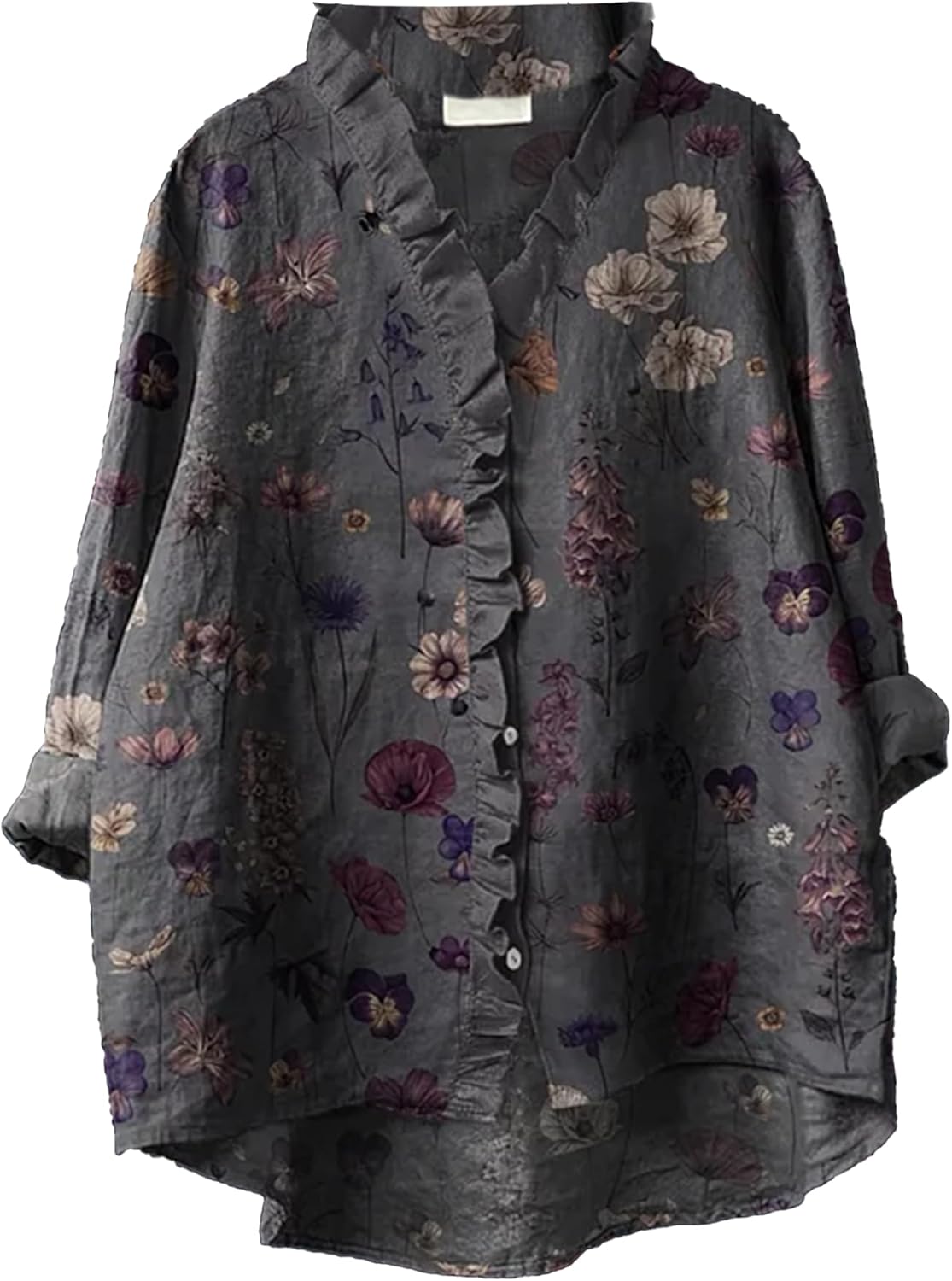 Women's Boho Floral Printed Button Ruffle V-Neck Shirt Spring Casual Loose Fit Long Sleeve High Low Blouse Tops