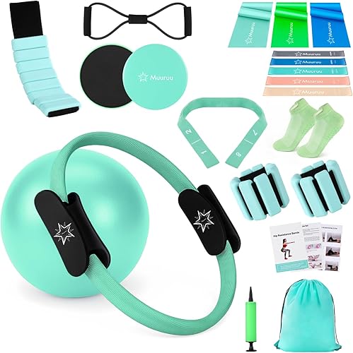 Pilates Equipment Kit for Home Workout, Pilates Ring and Ball Set for Women, 14'' Magic Circle Essentials Accessories Kit with Wrist Weights,