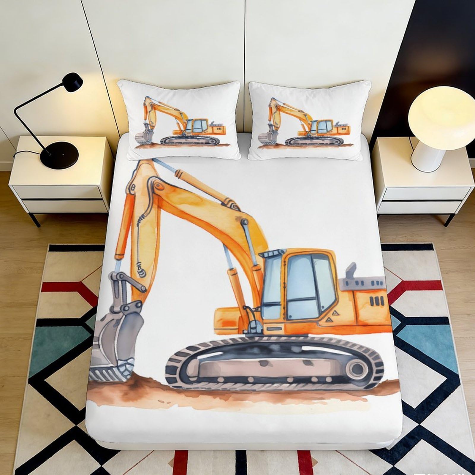 3D Printed Yellow Excavator Fitted Sheet Microfiber Soft Anti-Slip Construction Machinery Mattress Cover for Bedroom Dorm Room Decor 90x200x25cm