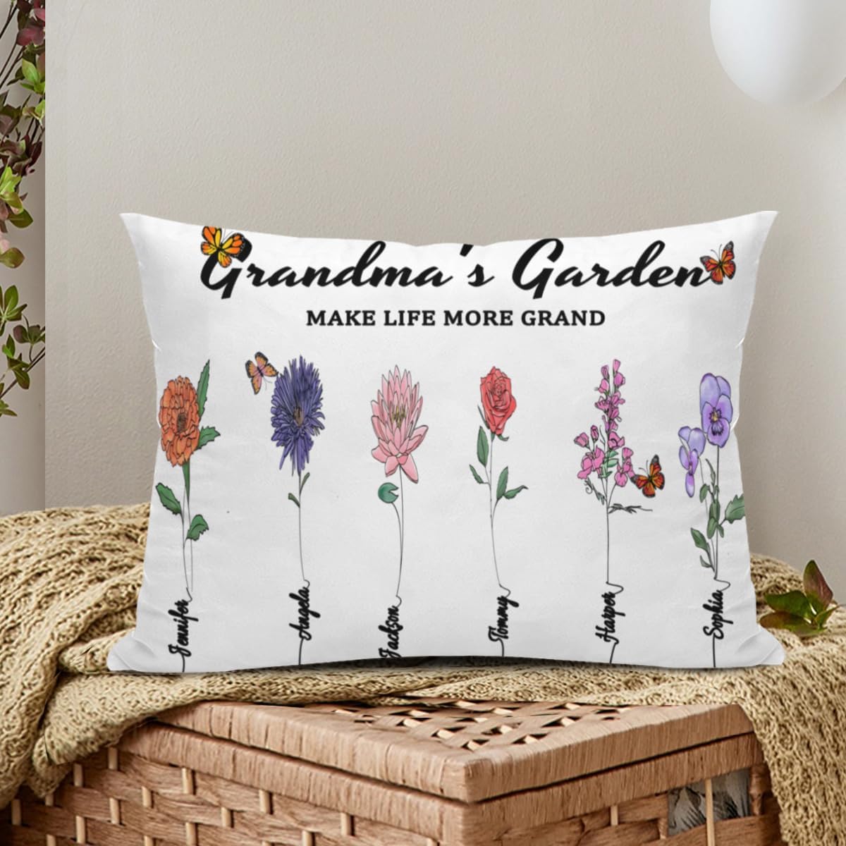 Customized Grandma Throw Pillow Cover with Grandkids' Names & Birth Month Flowers 16x24 Inch