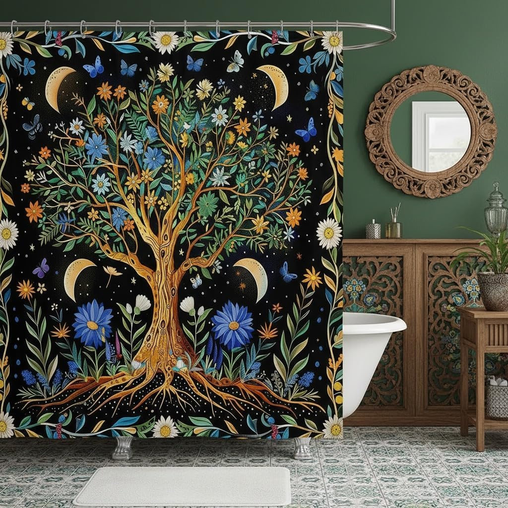 Castle Fairy Tree of Life Shower Curtain Set Abstract Nature Tree Bath Curtain Kids Stalls Decor Modern Rustic Artwork Shower Curtain Dark Green Waterproof Bathroom Curtains 72"x78"