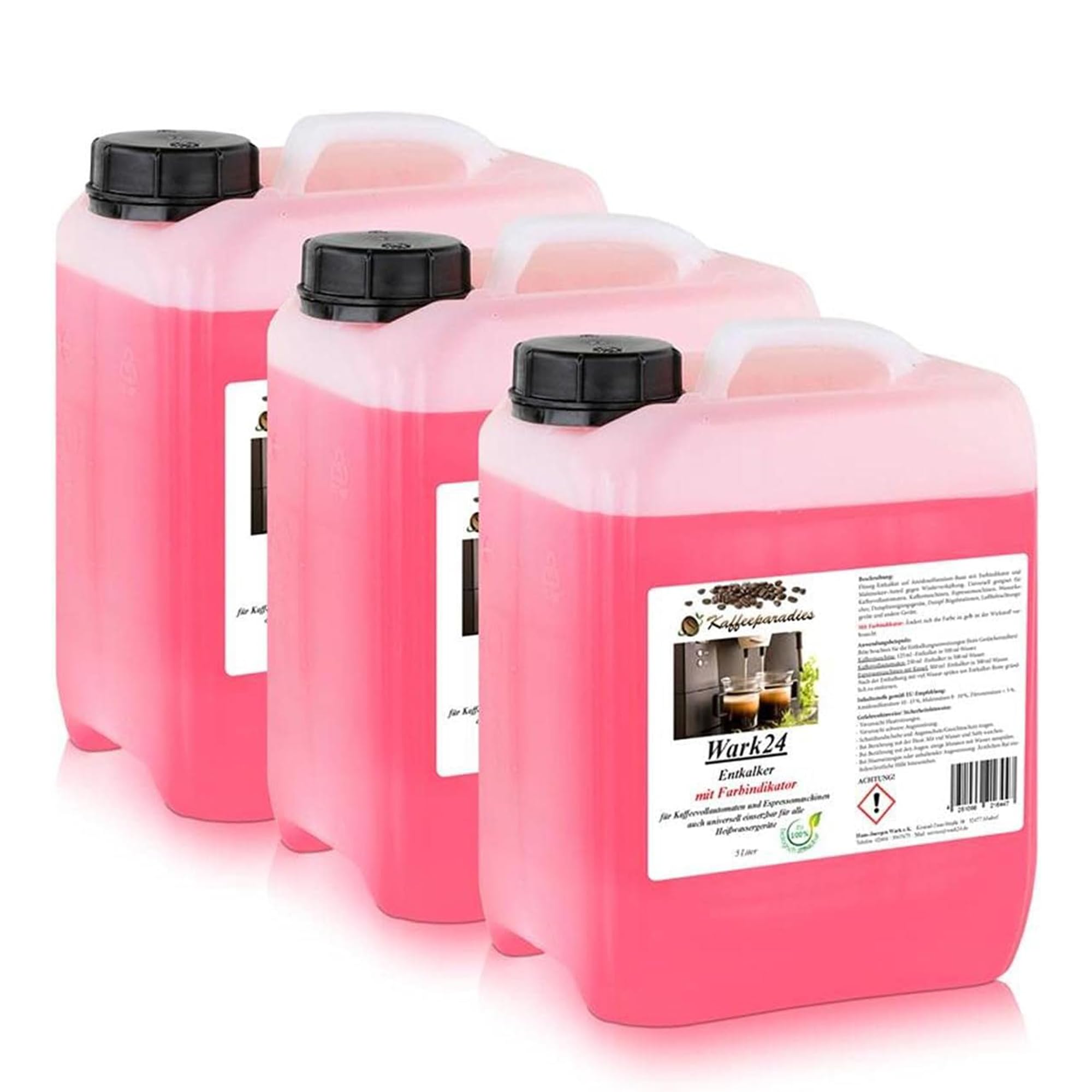 Flüssigentkalker 3x 5 L mit Farbindikator, Universal-Entkalker & schonender Kalklöser für Kaffeemaschinen, Wasserkocher & Haushaltsgeräte, biologisch abbaubar