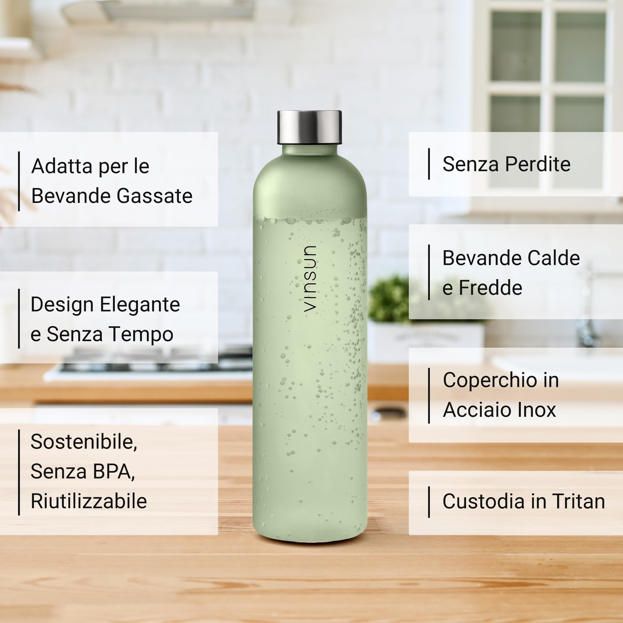 VINSUN Borraccia 650ml in Tritan - Riutilizzabile, Senza BPA, Bevande Gassate - Bottiglia Acqua Sostenibile per Palestra, Bici, Sport, Scuola, Università - Verde