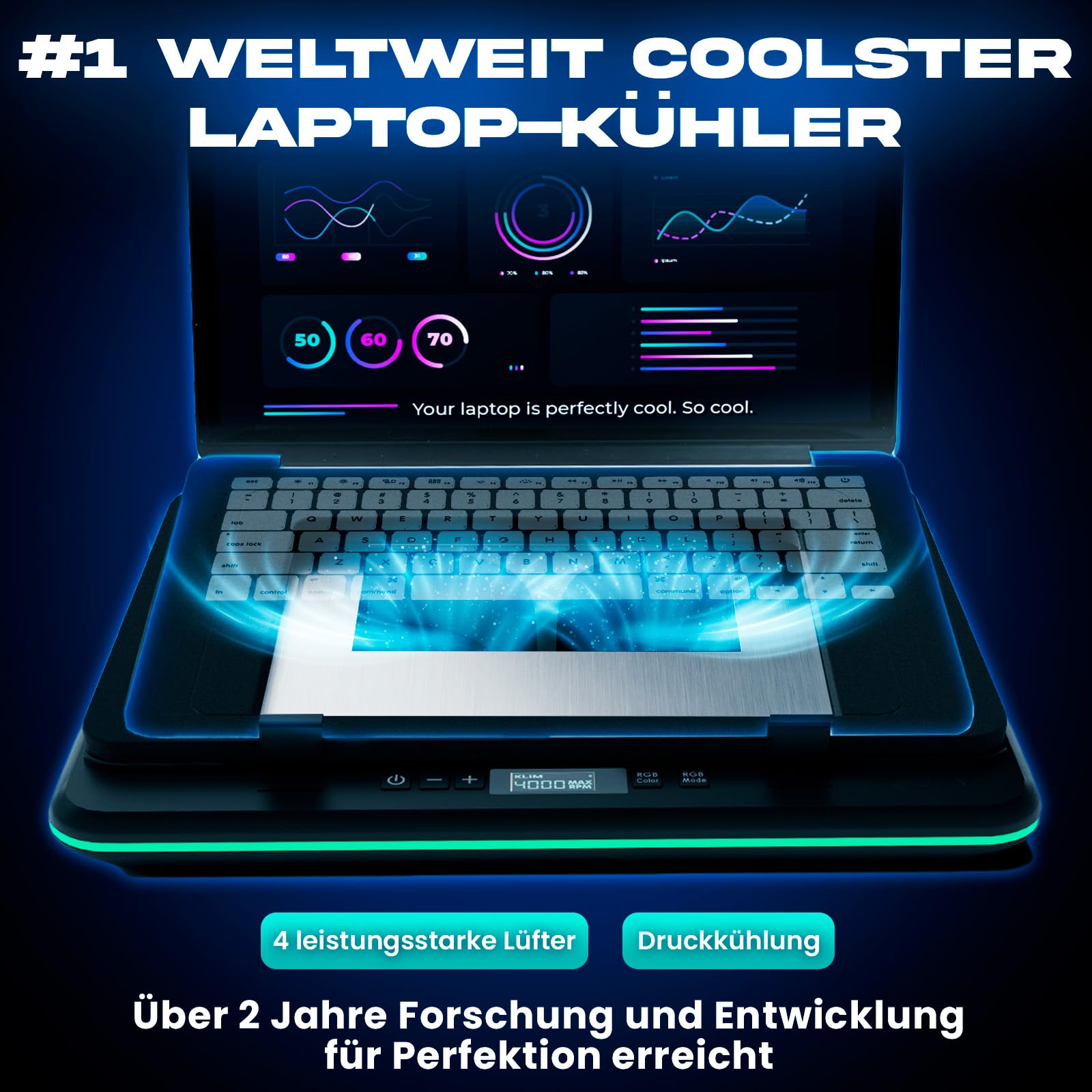KLIM Turbofrost Laptop Kühler - Gaming Laptop Kühlpad mit 4 Turbolüftern - 4x4000 RPM, 4 USB-Ports, 2 Leistungsmodi (USB-C/DC), RG und Dämpfung für schnelle Kühlung, Für bis 17 Zoll - Grauer Raum