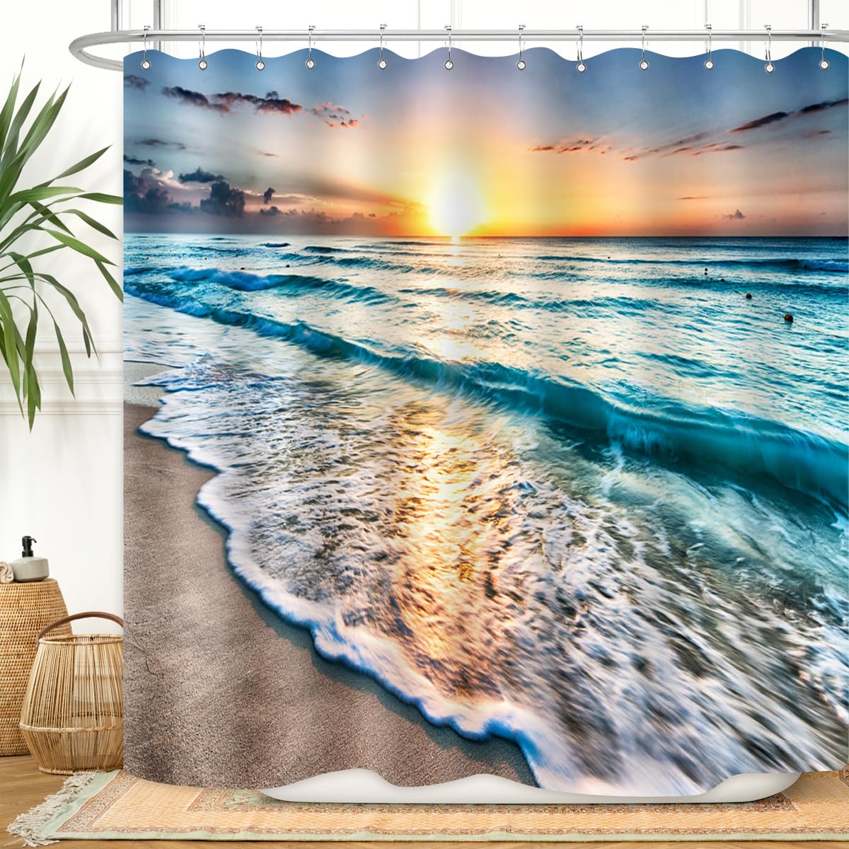 ZXMBF Ocean Shower Curtain Sand Beach Waves Sunrise Lanikai Theme Colorful Offshore Pacific Scenry Pattern Waterproof Fabric Bathroom Decor Set 72x72