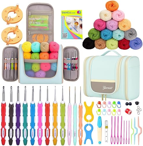 Miniatura 13 de Yarniss Kits de ganchillo para principiantes, kits de ganchillo todo en uno con hilo de ganchillo de 840 yardas, juego de ganchos de ganchillo Azul