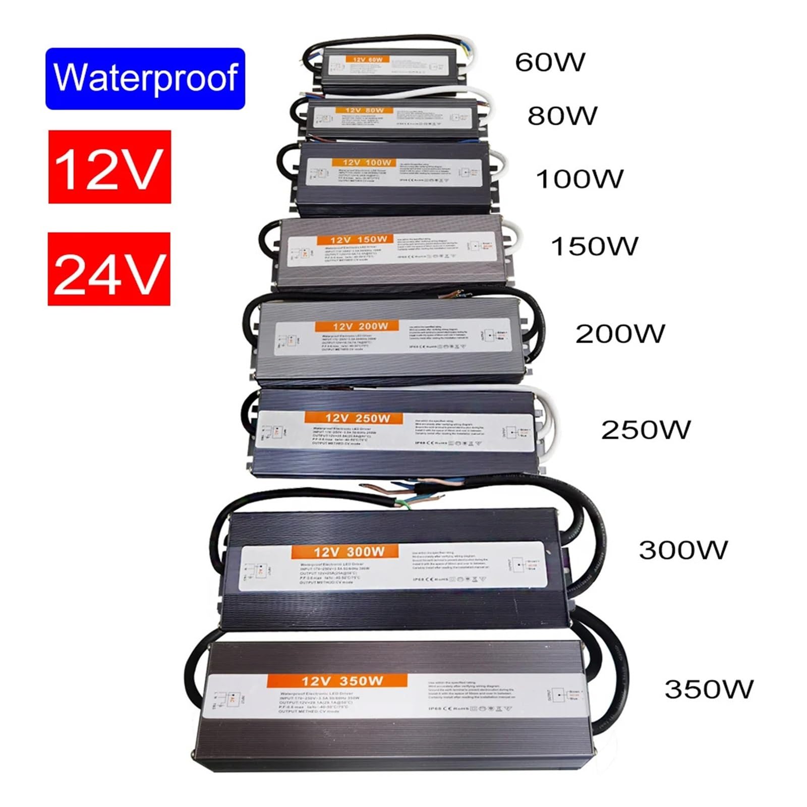 Schaltnetzteil, IP67 Wasserdichte Beleuchtungstransformatoren DC 12V 24V, Netzteil-LED-Treiber 60W 80W 100W 150W 200W 250W 300W 350W(24V,350w)
