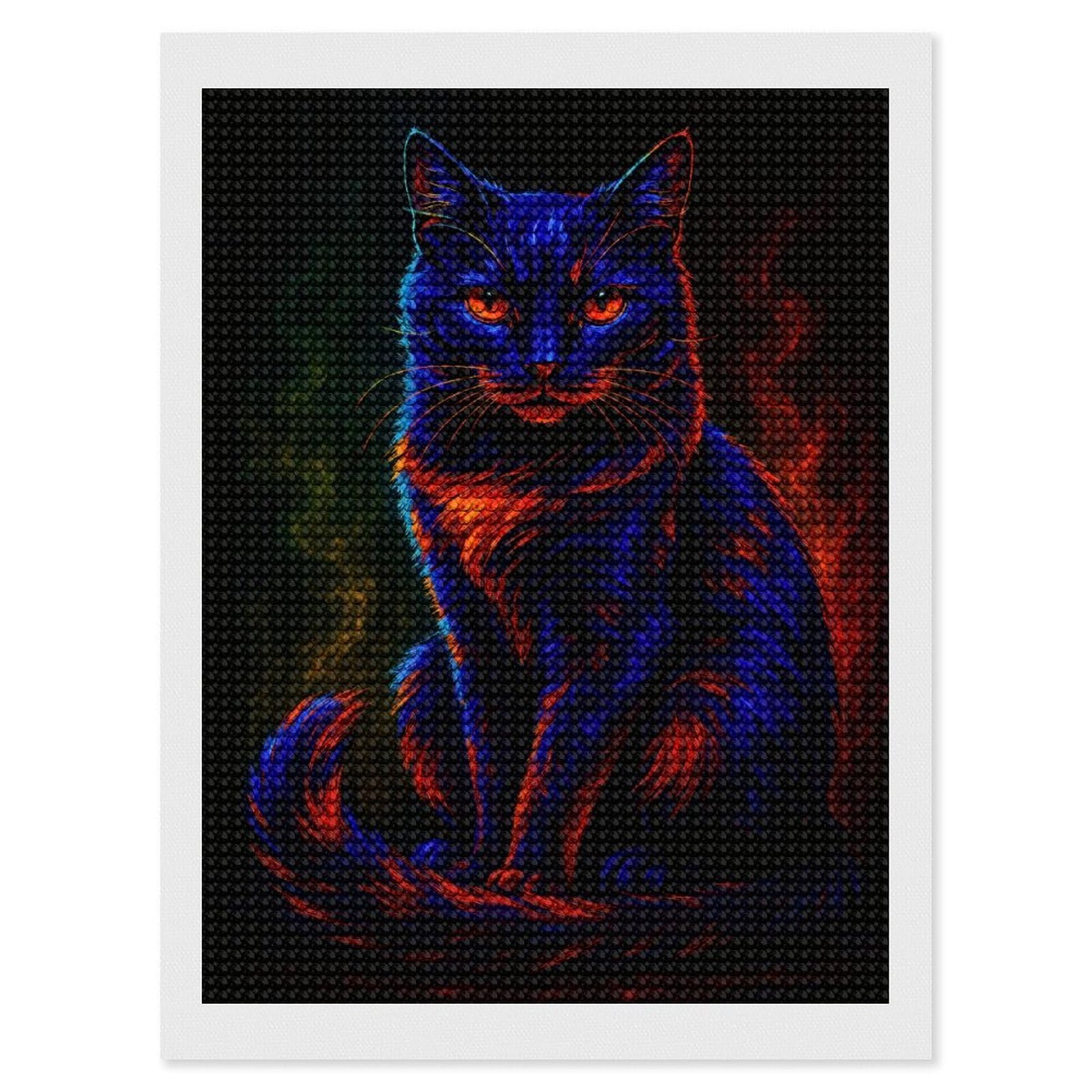 Junmoney Neon Cat Portrait Crystal Diamond Art Kit 12"x16", Round Gems, Detailed Printed Canvas, Creative Gift Idea, Vintage Style Decor