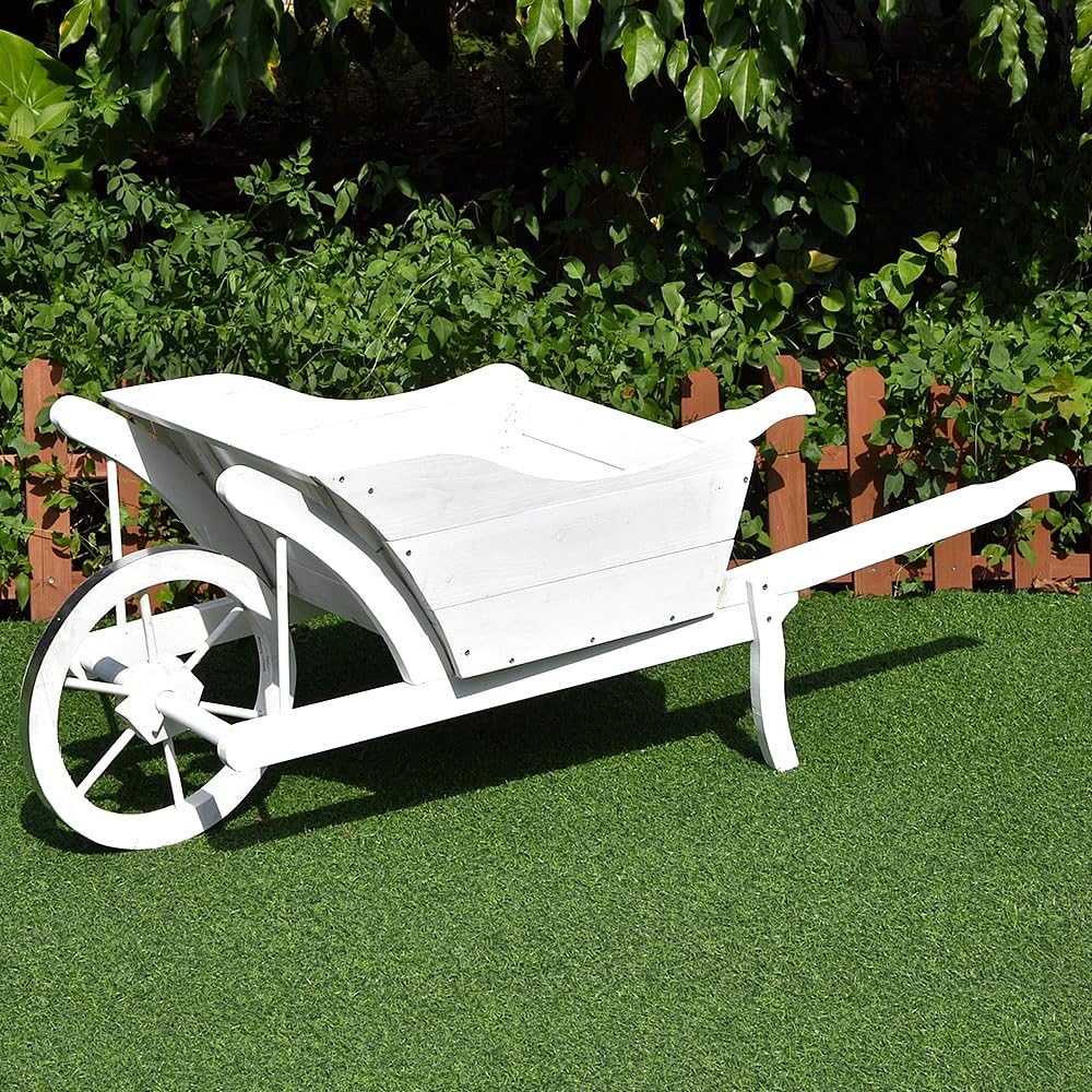 Mucola Pflanzschubkarre Blumenschubkarre Holz Deko 129x45x43 cm Weiß | und UV-beständig vorbehandelt, geräumige Ladefläche für Blumentöpfe und Kräuter, Blickfang für Terrasse und Balkon