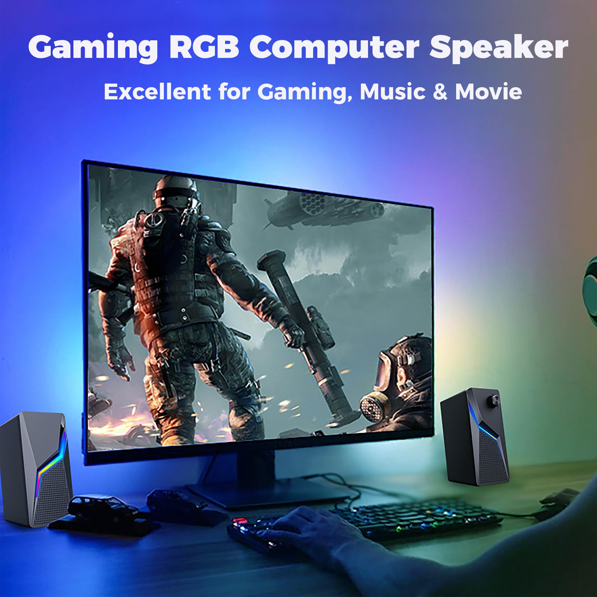 ROSON Altoparlanti per computer, altoparlanti da gioco per PC con bassi e controllo del volume, stereo 2.0 alimentati tramite USB, altoparlanti multimediali AUX da 3,5 mm per laptop/desktop/tablet