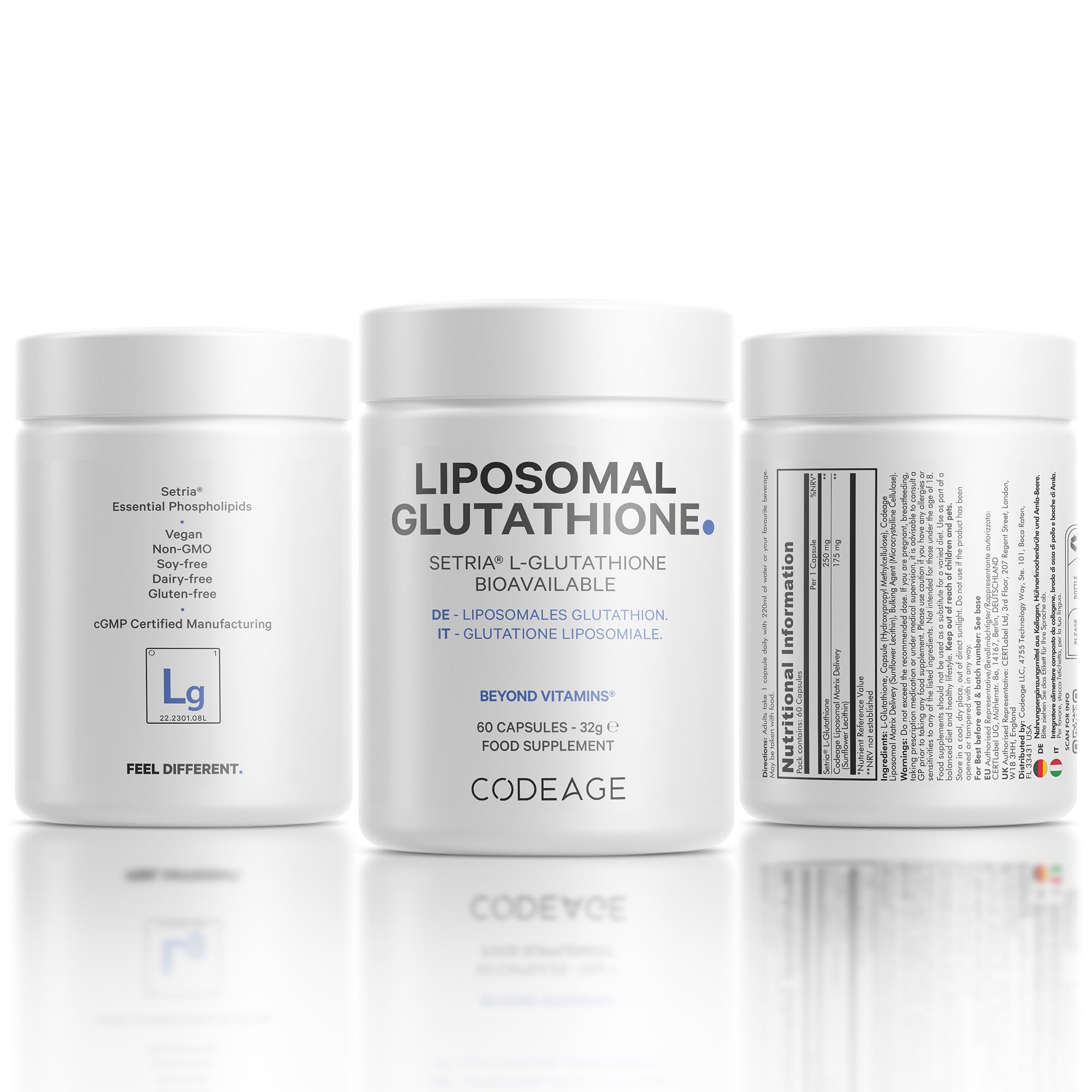 Codeage Liposomales Glutathionpräparat — Reines Reduziertes Setria L-Glutathion-Hautpräparat Nanoverkapselte Glutathion-Pulver-Pillen Phospholipide Antioxidanskomplex Vegan, Gentechnikfrei 60 Kapseln