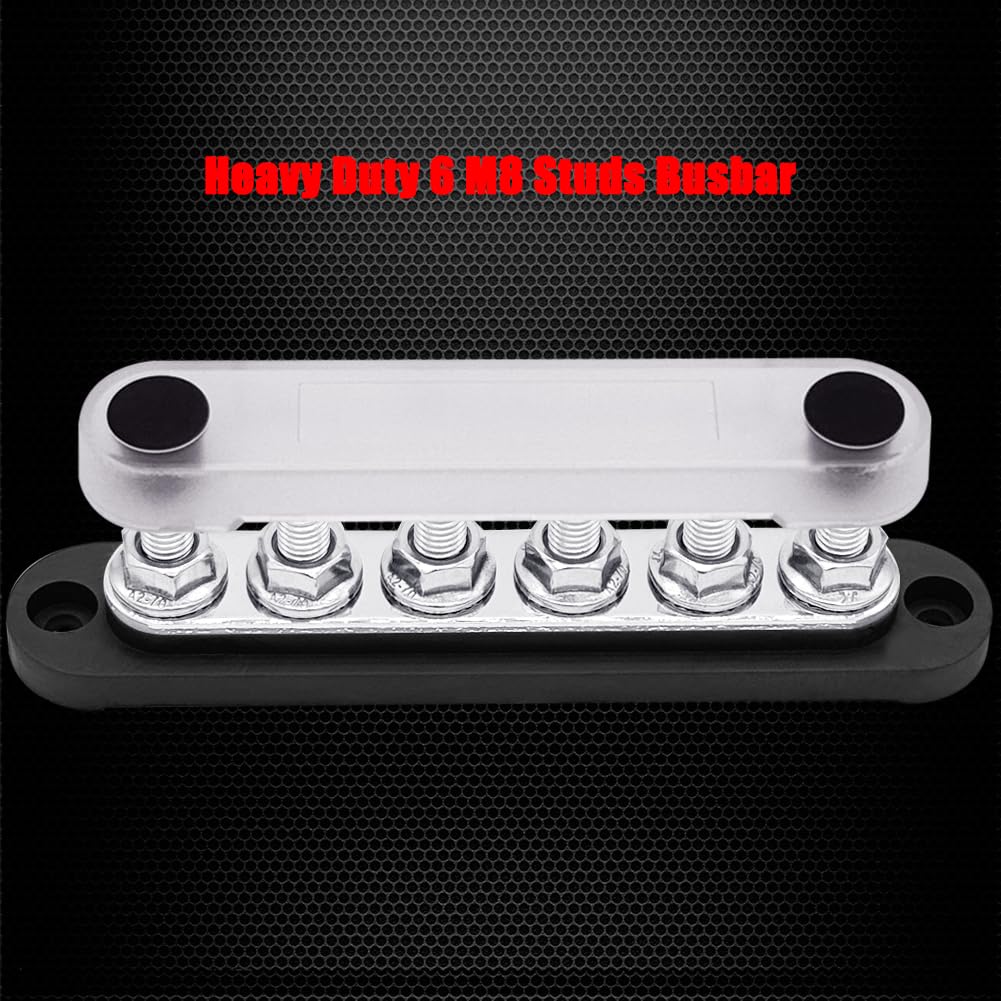6 x 5/16" (M8) Studs Ground Distribution Block Bus Bar, Ampper 5.9" 12V 200A Battery BusBar with Cover for Auto, Boat and Solar (Black)