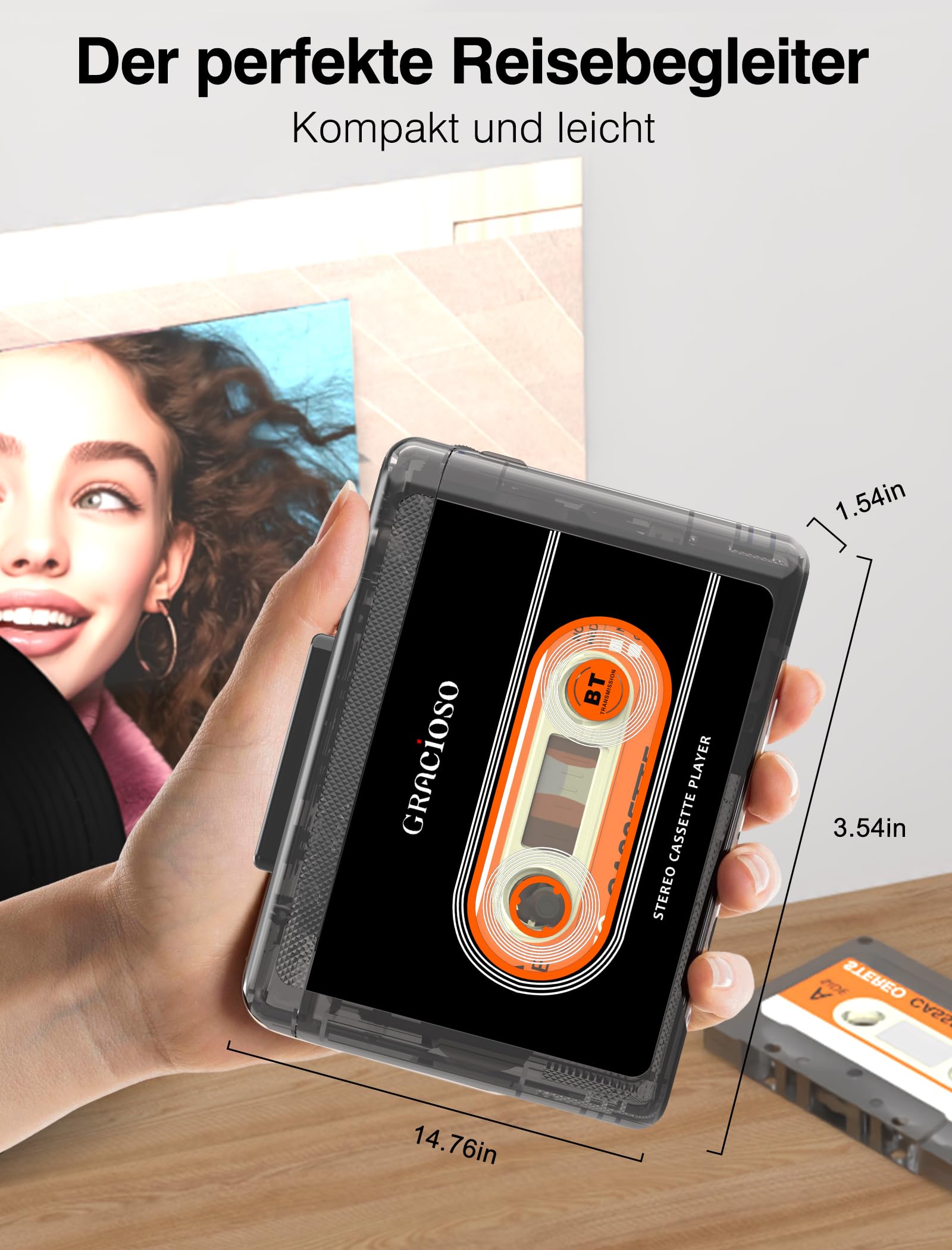 Gracioso Kassettenband, Bluetooth-Kassettenspieler mit 1100 mAh wiederaufladbarem Akku, kompakter Vintage-Kassettenspieler mit 3.5mm Kopfhörer, Mini-Kassettenrekorder mit Clip (Schwarz)