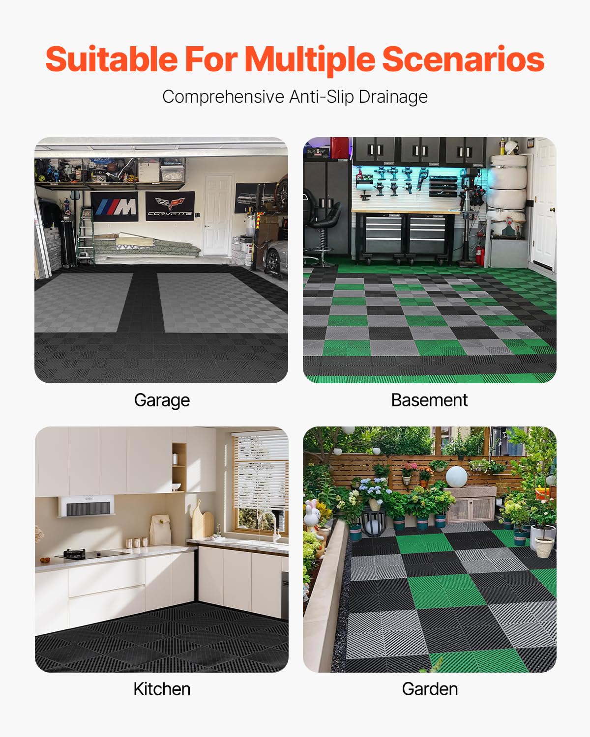 VEVOR Alfombrilla de Drenaje Entrelazada de 415 x 415 x 17,6 mm, 24 Alfombrillas de Drenaje Entrelazadas, Alfombrilla de Drenaje de Polipropileno Antideslizante para Suelo, Baño, Garaje, Jardín, Negro