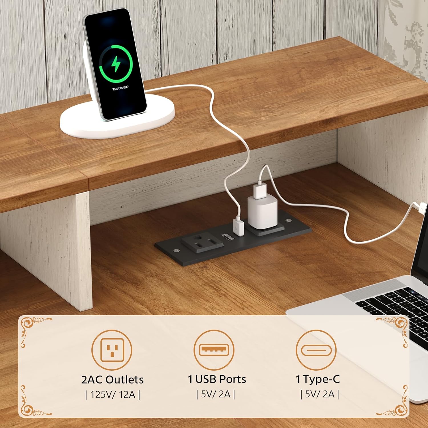 YOMILUVE Farmhouse L Shaped Desk with Drawers, 61" Home Office Desk with Storage Cabinet and Power Outlet, L Shaped Computer Desk with Storage Shelves and Monitor Stand, Brown and White