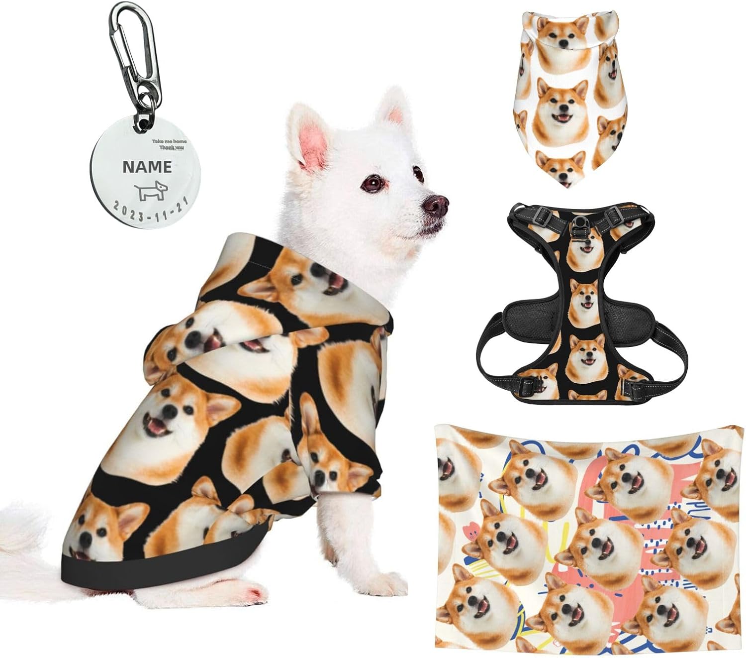 5 PCS Custom Pet Set, Adjustable No Pull Soft Mesh Vest for Puppies, Personlized Pet Towel, Dog Hoodie,Bandana, ID Tag, Suitable for Small-Medium Large Dog (L)