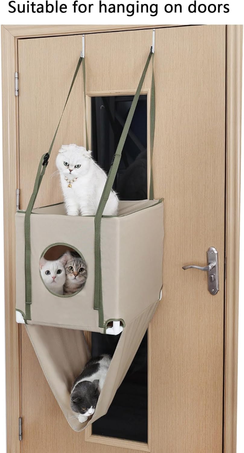 2 Tiered Hanging Cats Bed Door Mounted Space Saving Double Layer Cats Hammock for Multiple with Breathable Polyester Door Hanging Bed