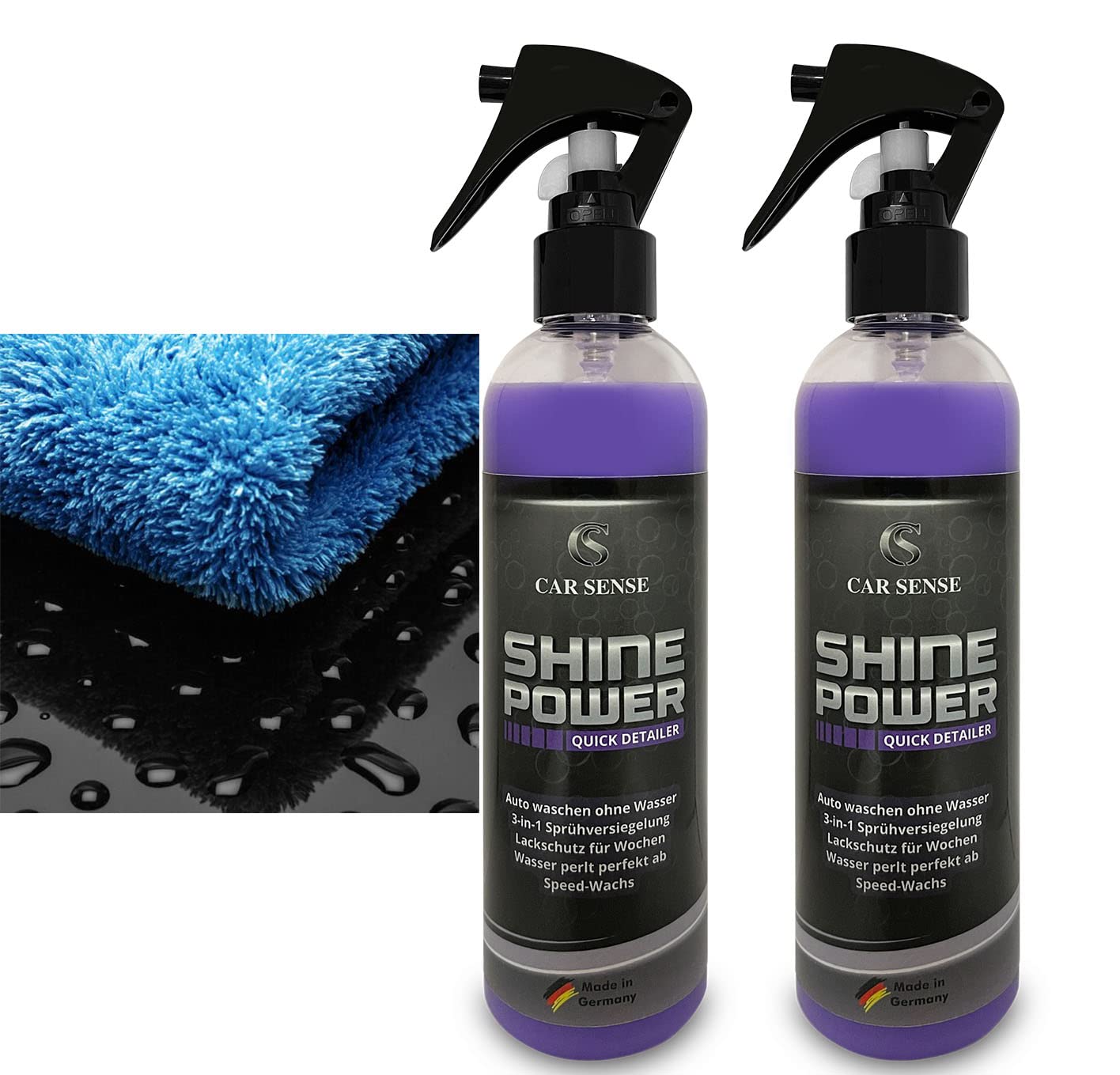 Car Sense SET Shine Power Quick Detailer Speed-Wachs 2x 0,25L 3 in 1 Autolack-Reiniger 1x Premium Spiegelglanz Auto Poliertuch 40x40 cm I Schnellversiegelung I Schnellglanz zum Sprühen I Lackpflege