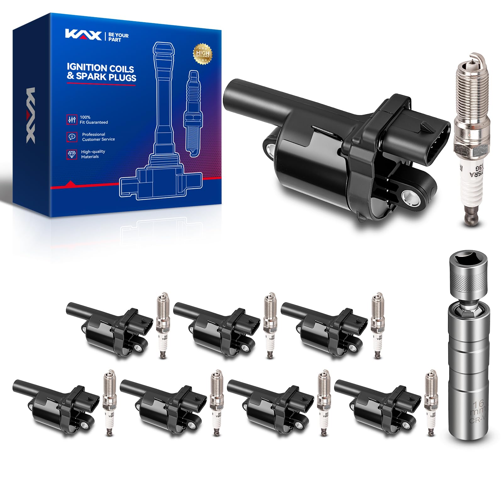 KAX 8 Ignition Coils &amp; 8 Spark Plugs Set for Silverado 1500, Sierra 1500