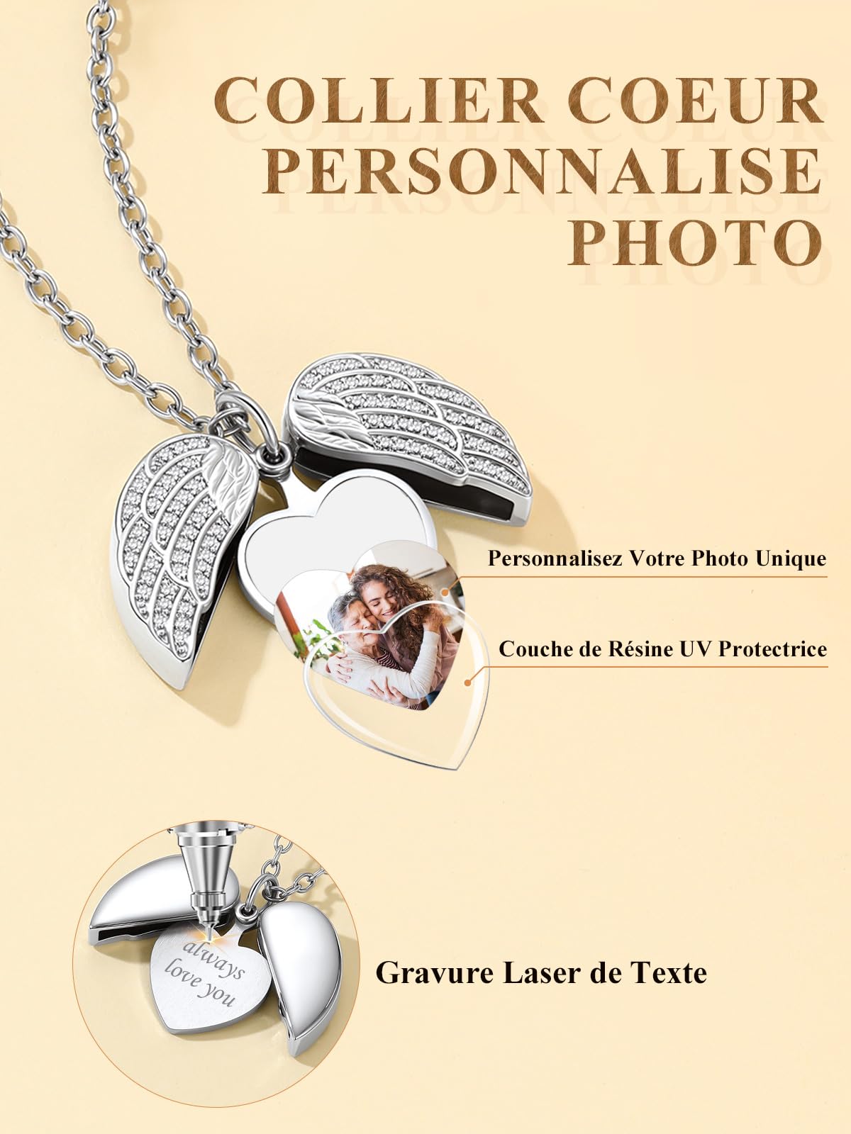 Custom4U Collier Personnalisé Photo Acier Inoxydable,Médaillon Aile d'ange Pendentif Porte Photo Gravé avec Chaîne 50+5 cm(Boîte Cadeau)