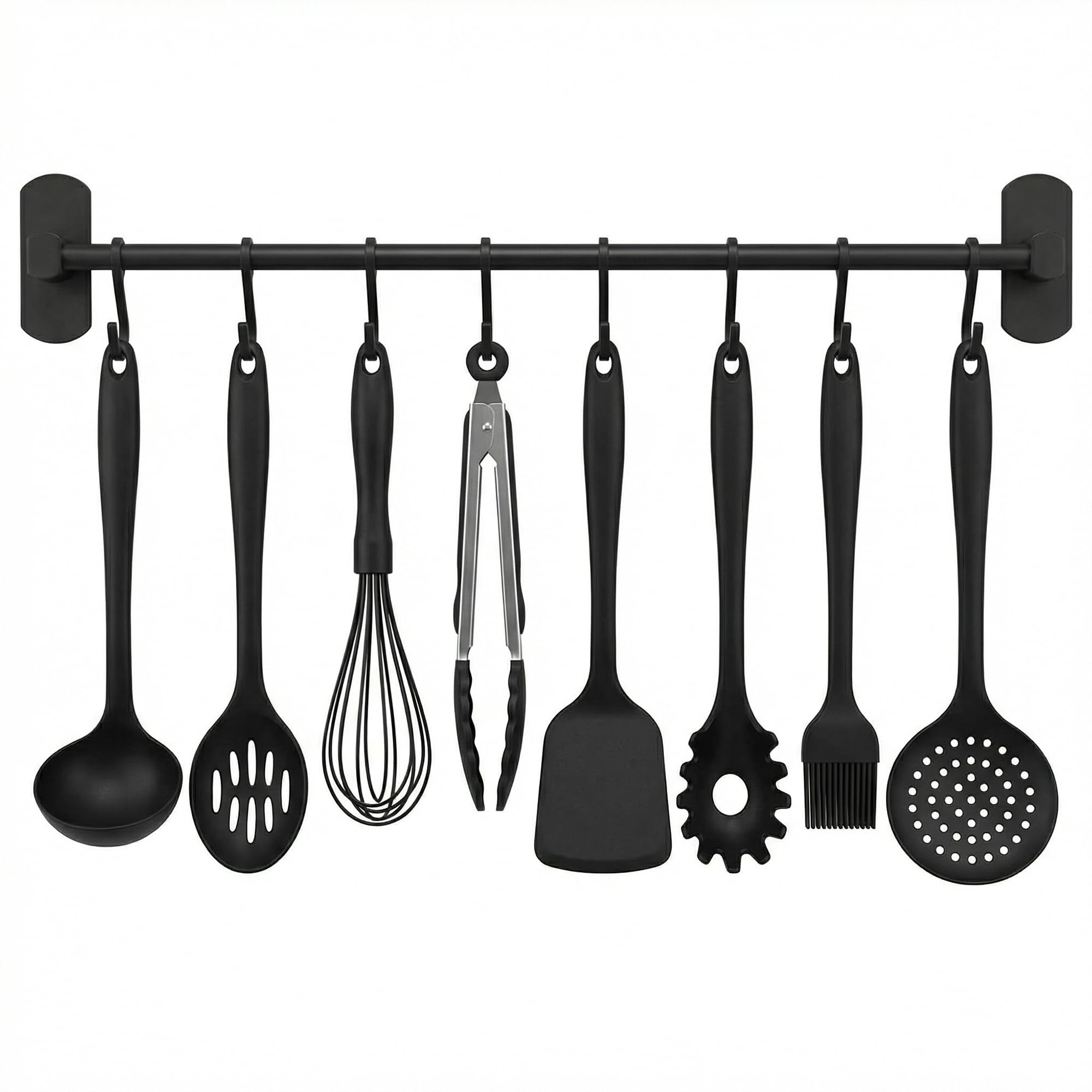 Joeji's Kitchen Black Utensil Rack 40Cm - Aluminium Kitchen Rail With 8 Hanging Hooks - Wall Mount Strong 3M Self Adhesive - No Drill Space-Saving Tool Holder