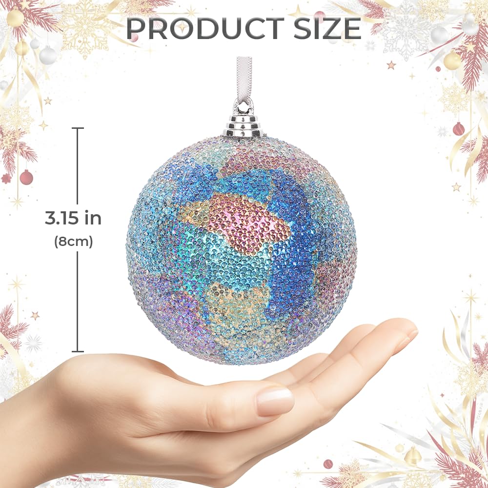 Lot de 4 boules de décoration de sapin de Noël bleues mystiques fabriquées à la main avec mini perles transparentes de 8 cm (bleu mystique)