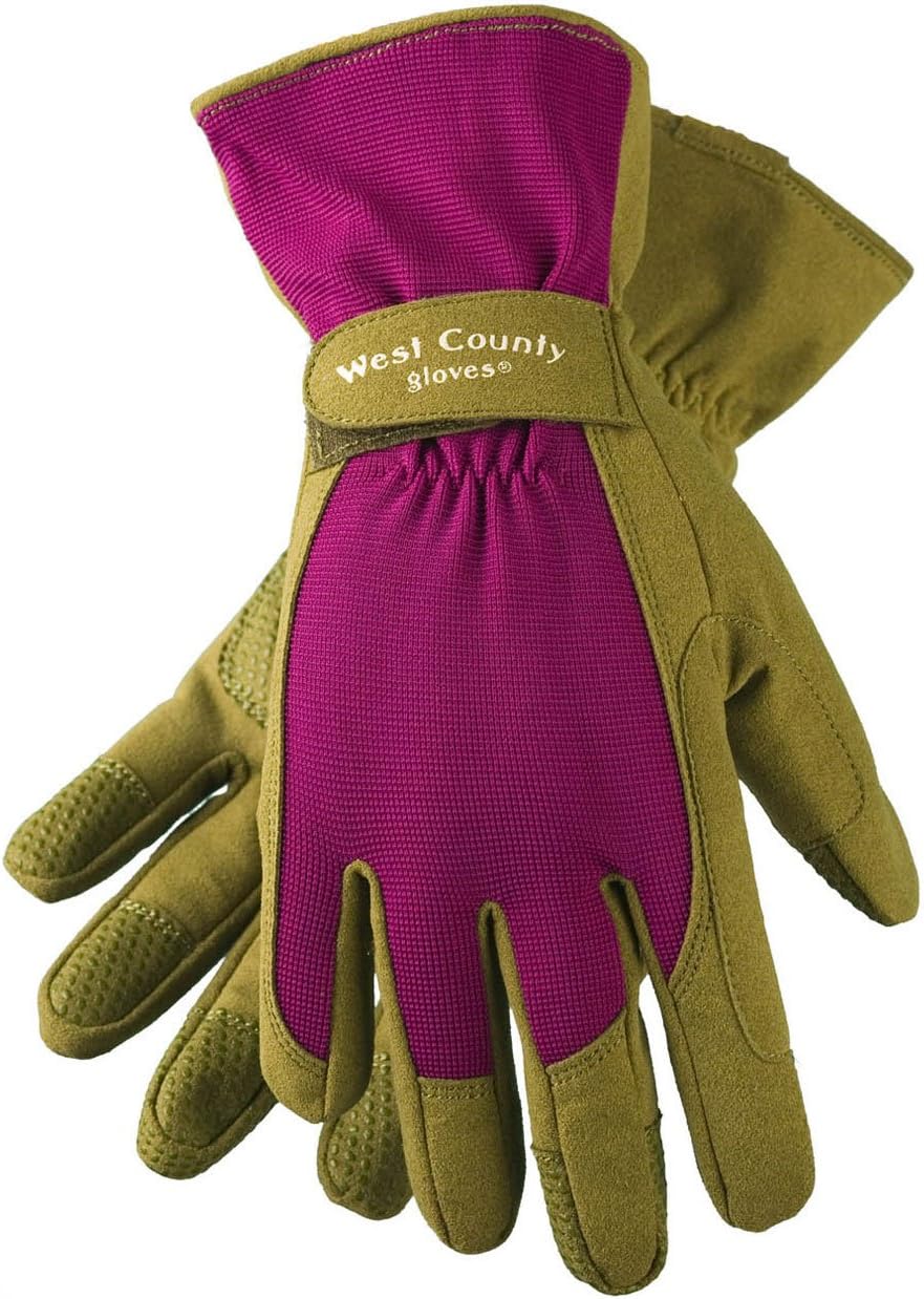 West County 074B/S Classic Gloves – Small, Berry, Gardening Gloves w/ Extended Cuff, Dotted Palm and Finger Tips, Berry/Moss