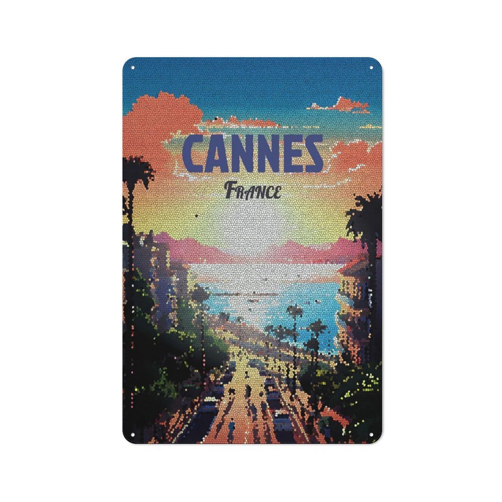 Junmoney Style-15 Cannes, France Beach Mosaic Travel Retro Metal Wall Decor 30X20cm, Retro Metal Sign For Garage, Hobby Room, Office Or Man Cave