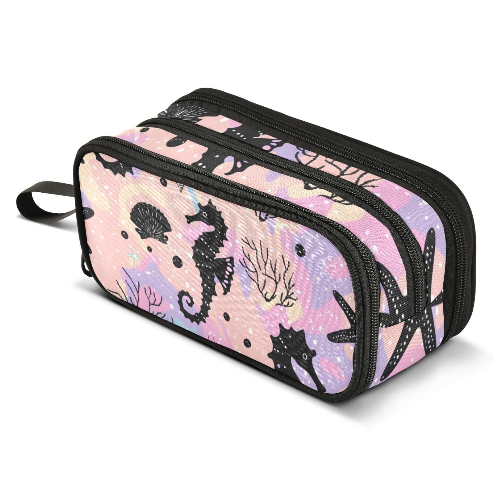 ALAZA Seahorse Star Coral Seashells Pencil Case for Boys Girls Kids Pencil Pouch 3 Compartment Pen Bag Large Capacity Storage Pencil Holder School Students with Zipper