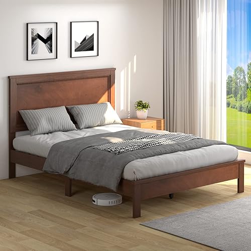 Miniatura 4 de KOMFOTT Base de cama de plataforma de madera de tamaño matrimonial con cabecero, plataforma de madera de mediados de siglo con soporte de listones y