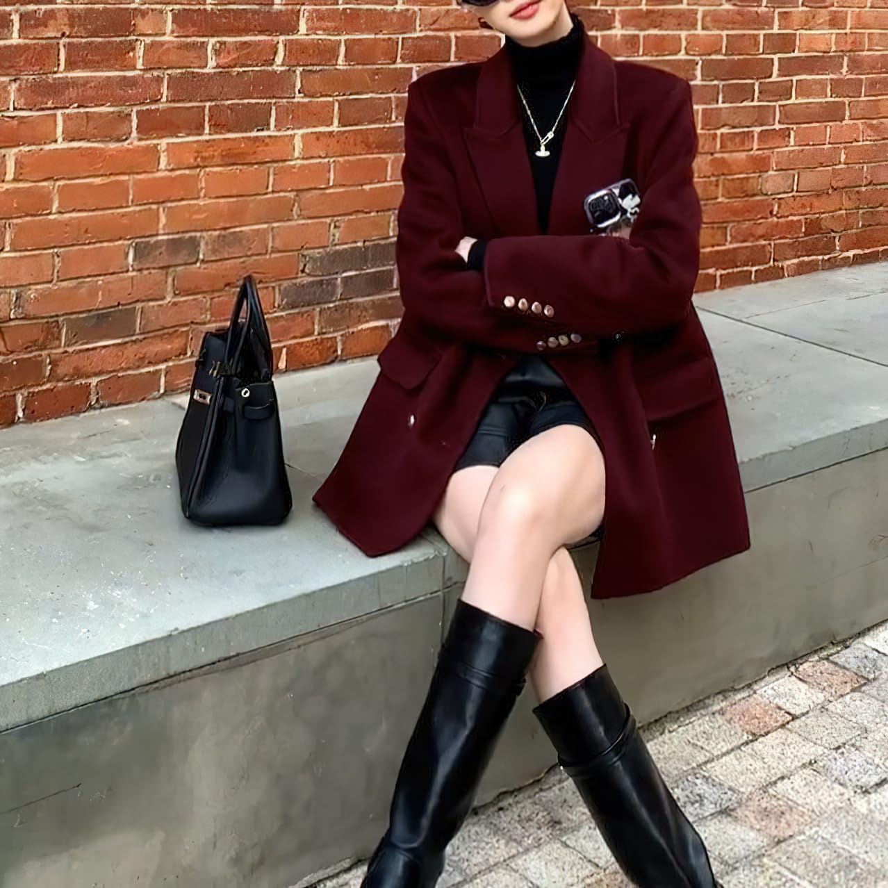 chouyatou Women's Winter Wool Trench Coat Blazer Jacket Notched Collar Dressy Mid Long Peacoat Outerwear