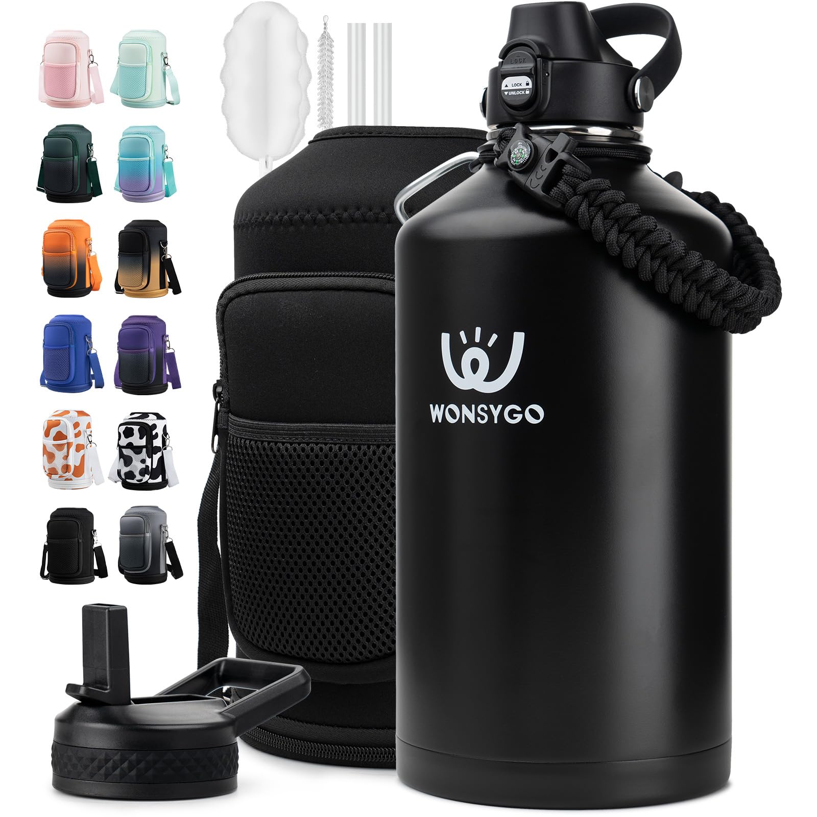 WONSYGO 1 Gallon Insulated Water Bottle Leak Proof with Carrier Bag | Stainless Steel Water Jug Sports & Hiking – Includes Paracord Handle, Bottle & Straw Brush, Reusable, Metal, BPA-Free