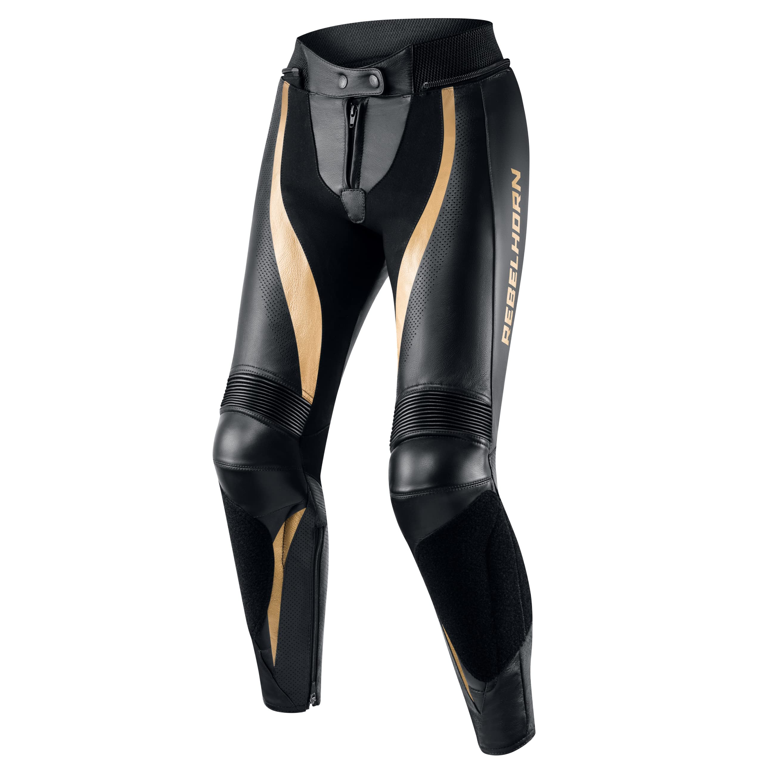 REBELHORN Rebel Pantalones de Moto Mujer | Cuero | Protectores de Rodillas y Caderas | Deslizadores de Rodilla Intercambiables | Paneles Perforados | Tallas hasta 46